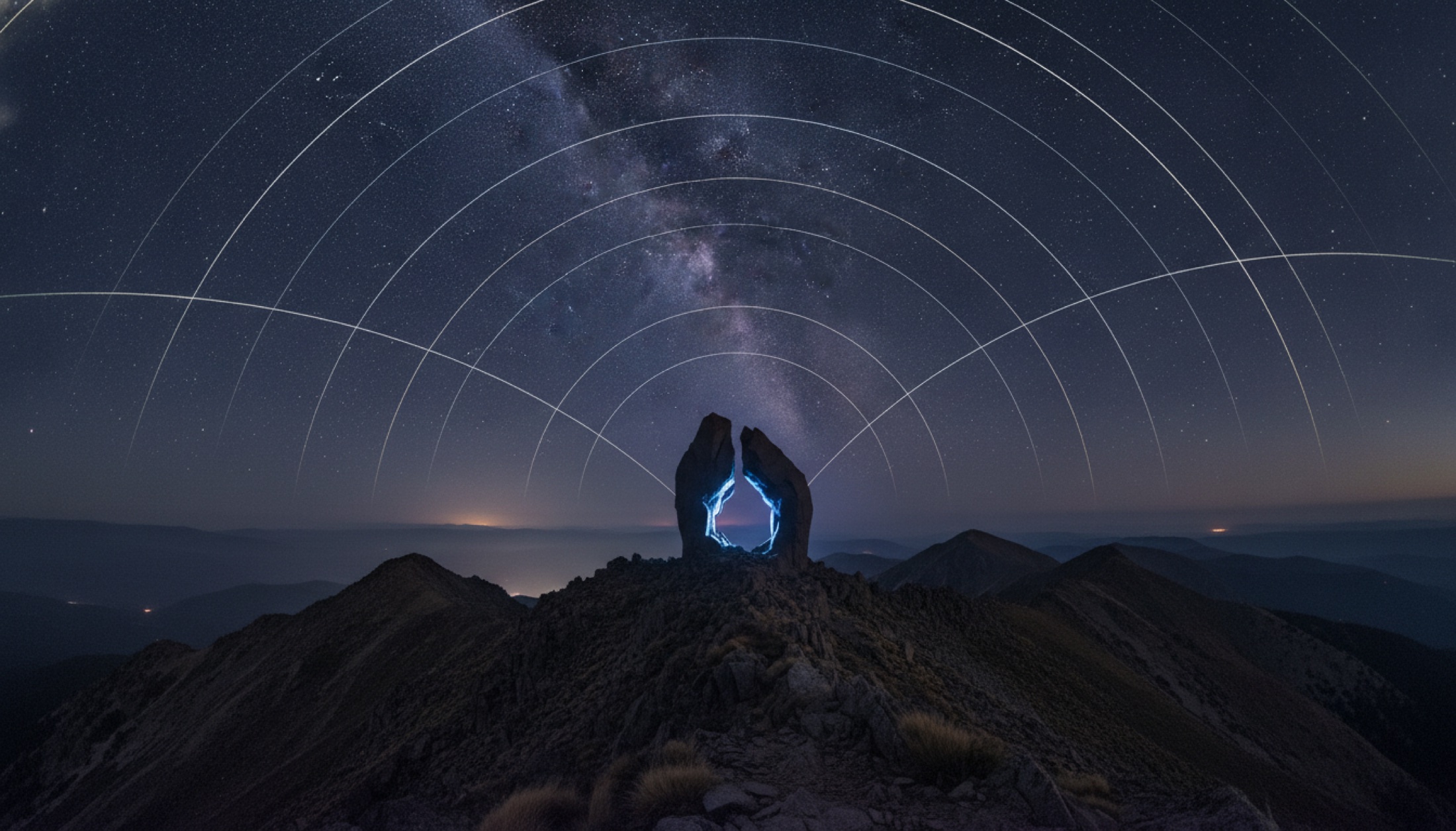 Uzun pozlama ile çekilen gece gökyüzü fotoğrafı, dört yıldız izinin geometrik bir düzende buluştuğu koyu mor-mavi sahne