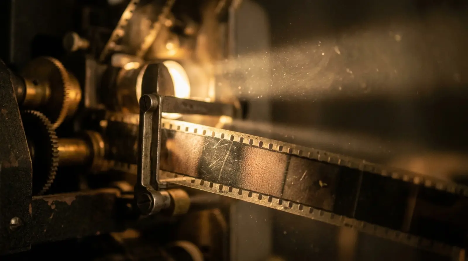 35mm film şeridi üzerinde yoğun grain dokusu ve ışık huzmeleri, sinematik bir karanlıkta parlıyor.