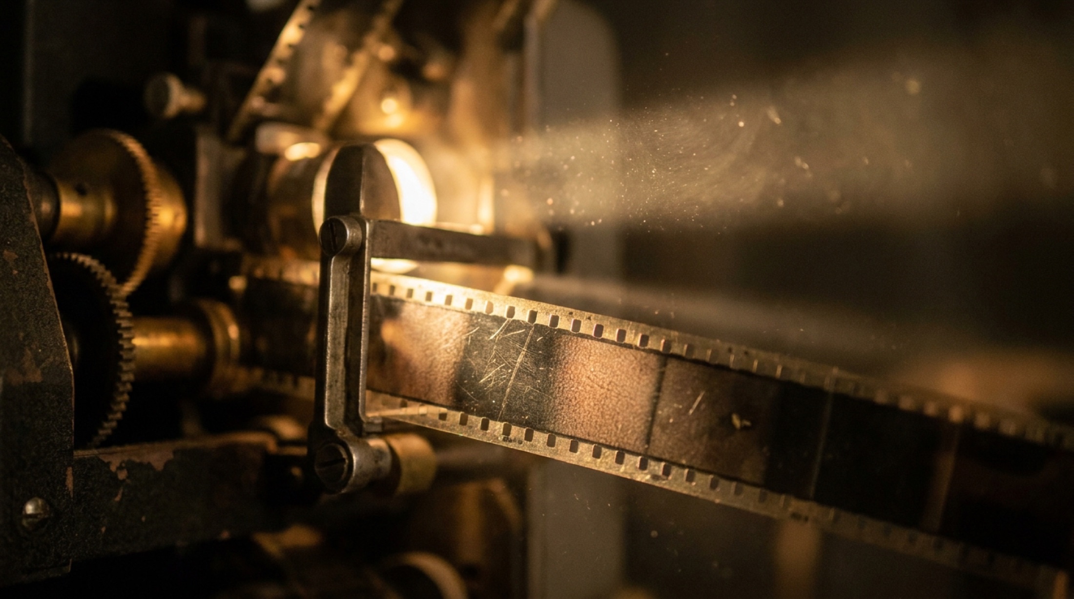 35mm film şeridi üzerinde yoğun grain dokusu ve ışık huzmeleri, sinematik bir karanlıkta parlıyor.