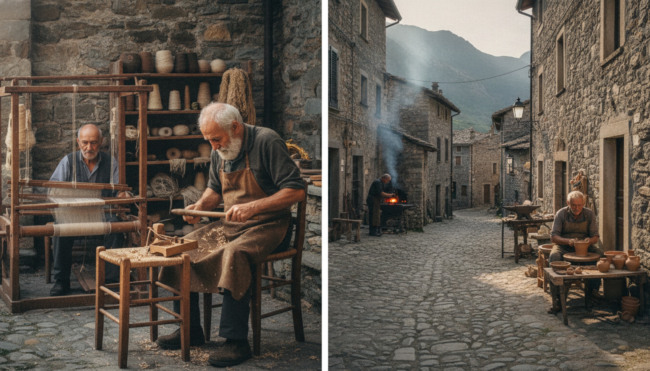 Abruzzo'da Apennin dağlarında sonbahar sisiyle uyanmış bir taş köy
