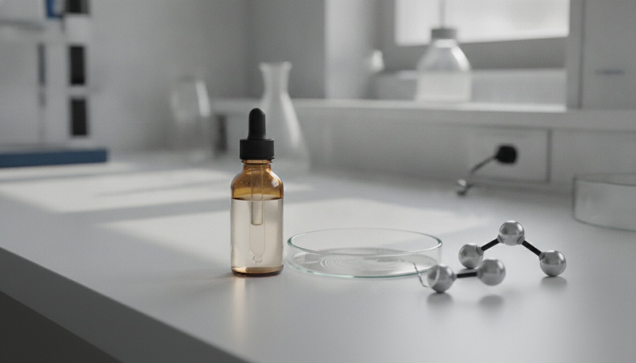 Adenosin içeren amber renkli damlalıklı şişe laboratuvar masasında