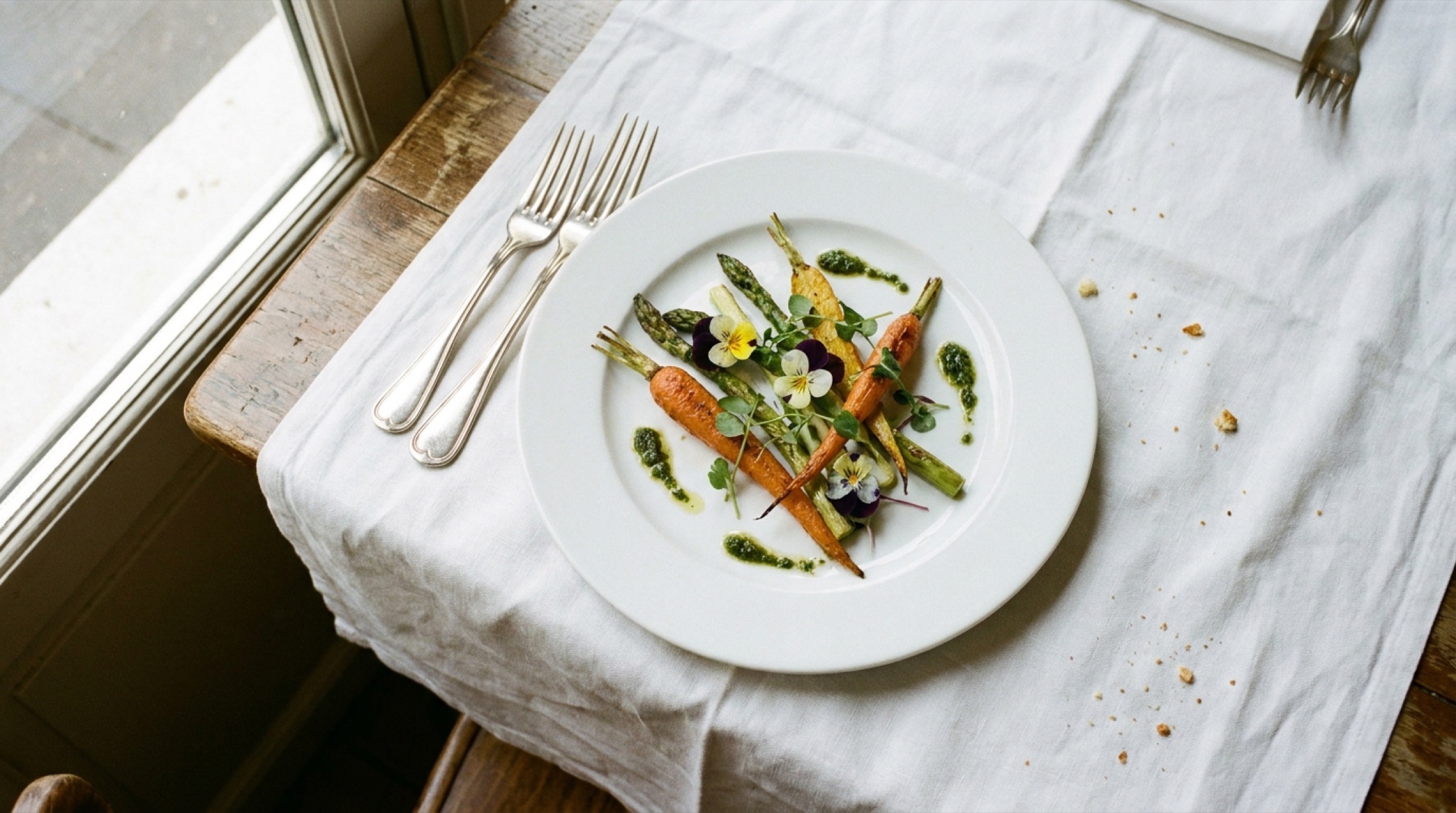 L'Arpège tarzı bitkisel fine dining tabağı — sebze ve otlar, beyaz porselen