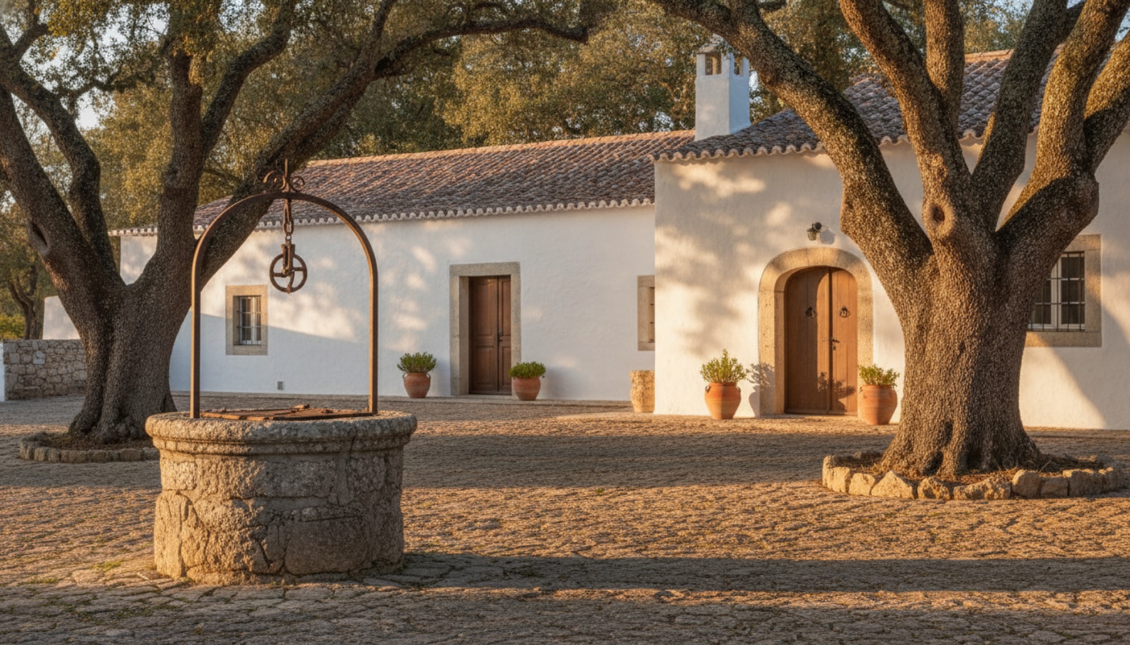 Alentejo'da akşam ışığında beyazlanmış bir herdade avlusu ve mantar meşeleri