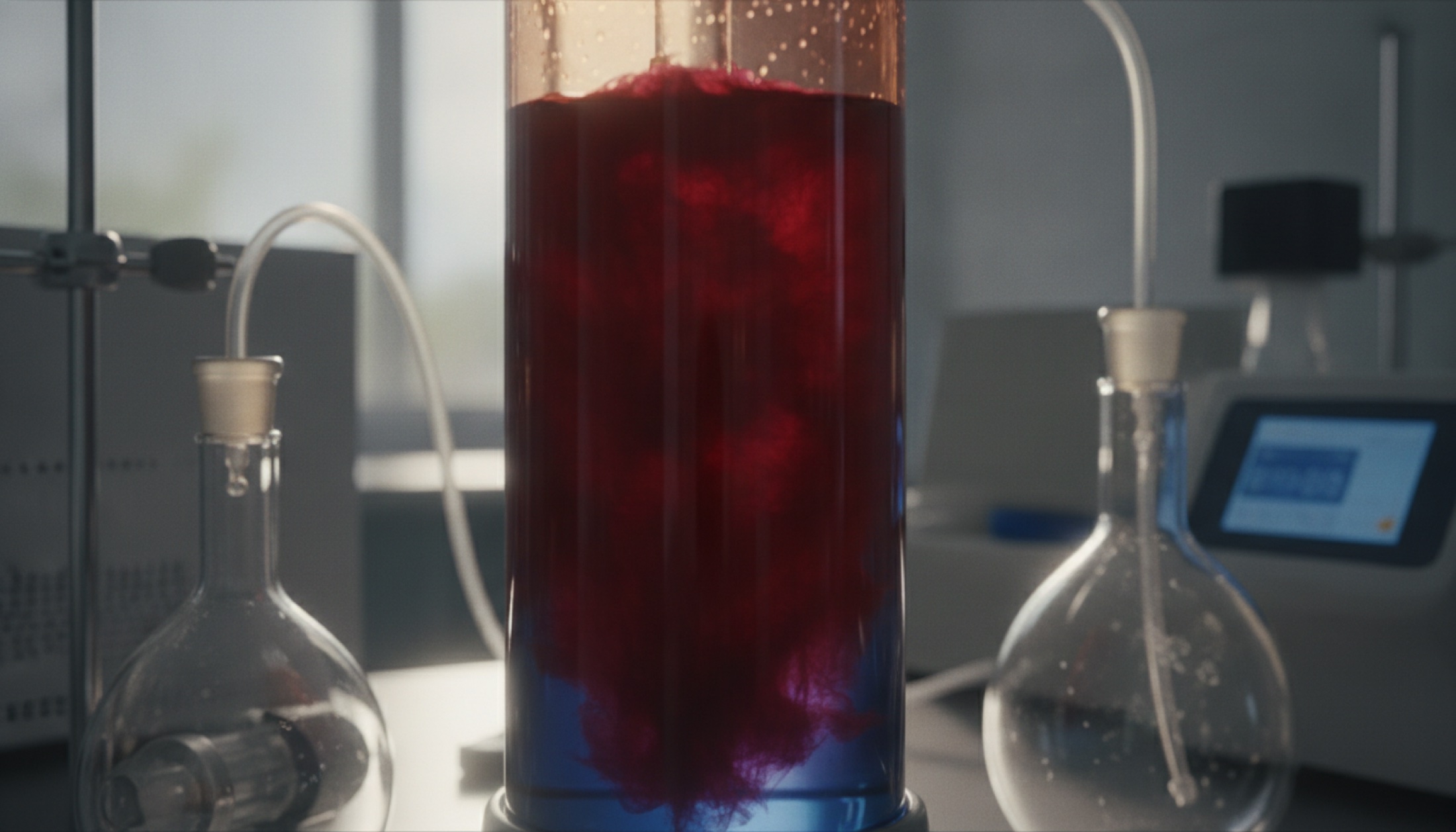 Laboratuvar biyoreaktöründe kırmızı Porphyridium cruentum mikroalg kültürü