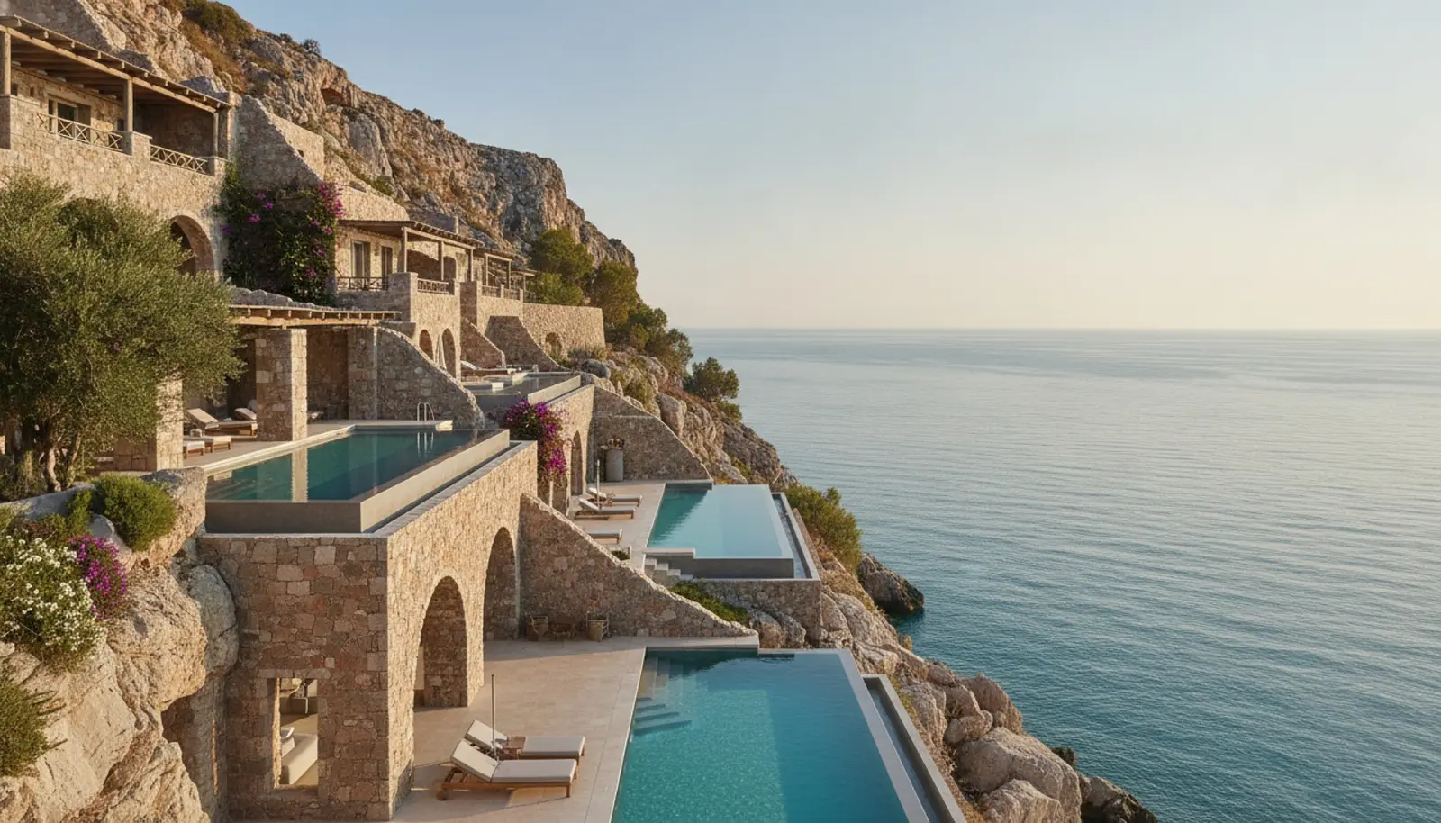 Rodos'ta Kavos Plajı kıyısında kireçtaşı kayalıklara yaslanan Amoh otelinin teras ve havuz alanı