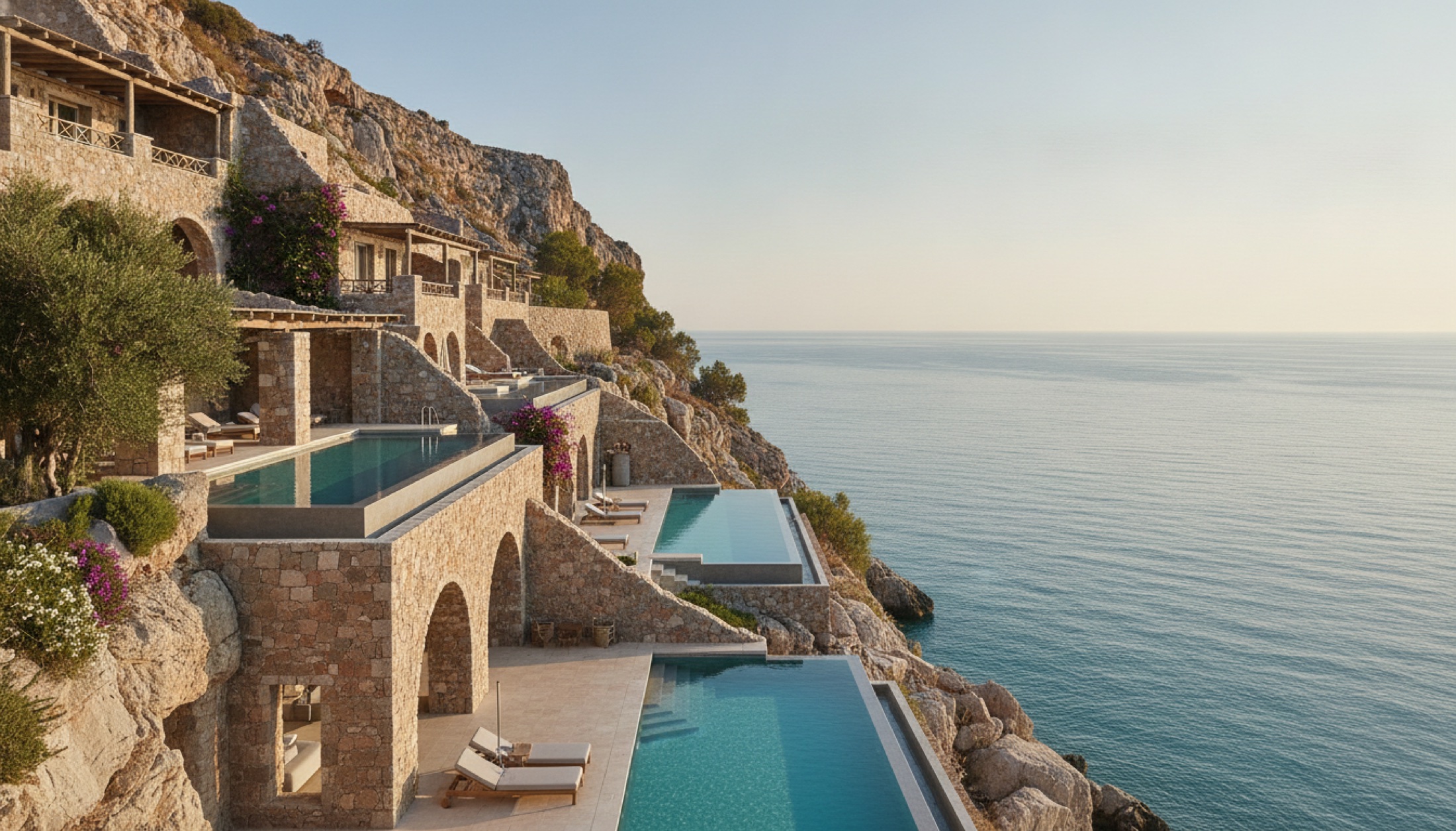 Rodos'ta Kavos Plajı kıyısında kireçtaşı kayalıklara yaslanan Amoh otelinin teras ve havuz alanı