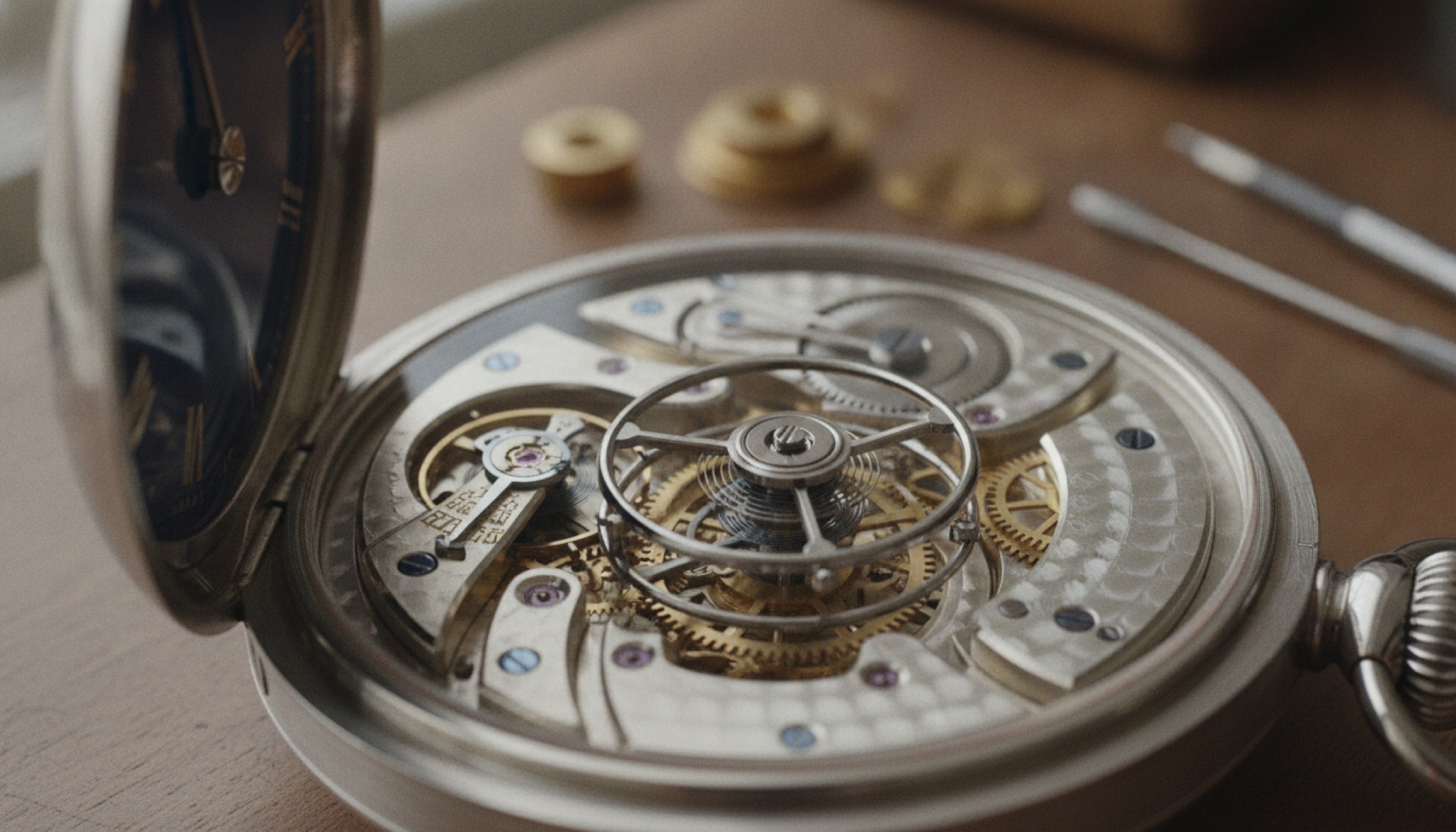 Audemars Piguet 150 Heritage cep saatinin platinum kasası açık, tourbillon ve evrensel takvim mekanizması görünür hâlde.