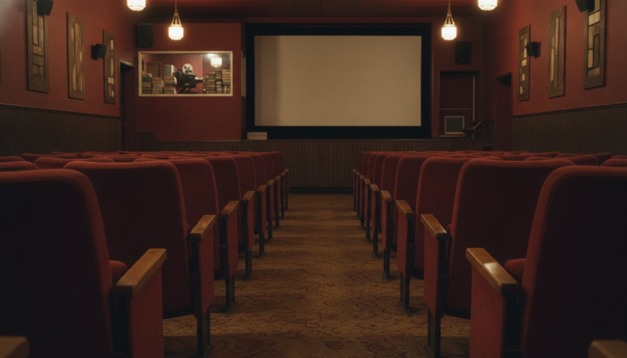 Küçük bağımsız bir sinema salonunun içi, boş koltuklar ve amber ışık