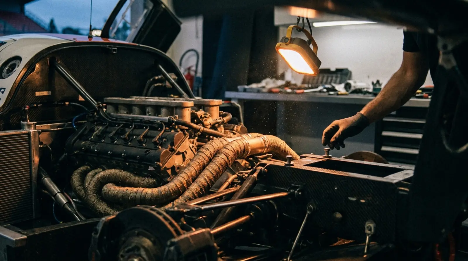 Le Mans pist boksunda, kaputu açık bir yarış hiperotomobilinin arkasındaki çıplak V12 motorun yakın görünümü; egzoz boruları ve karbon gövde detayları seçiliyor.