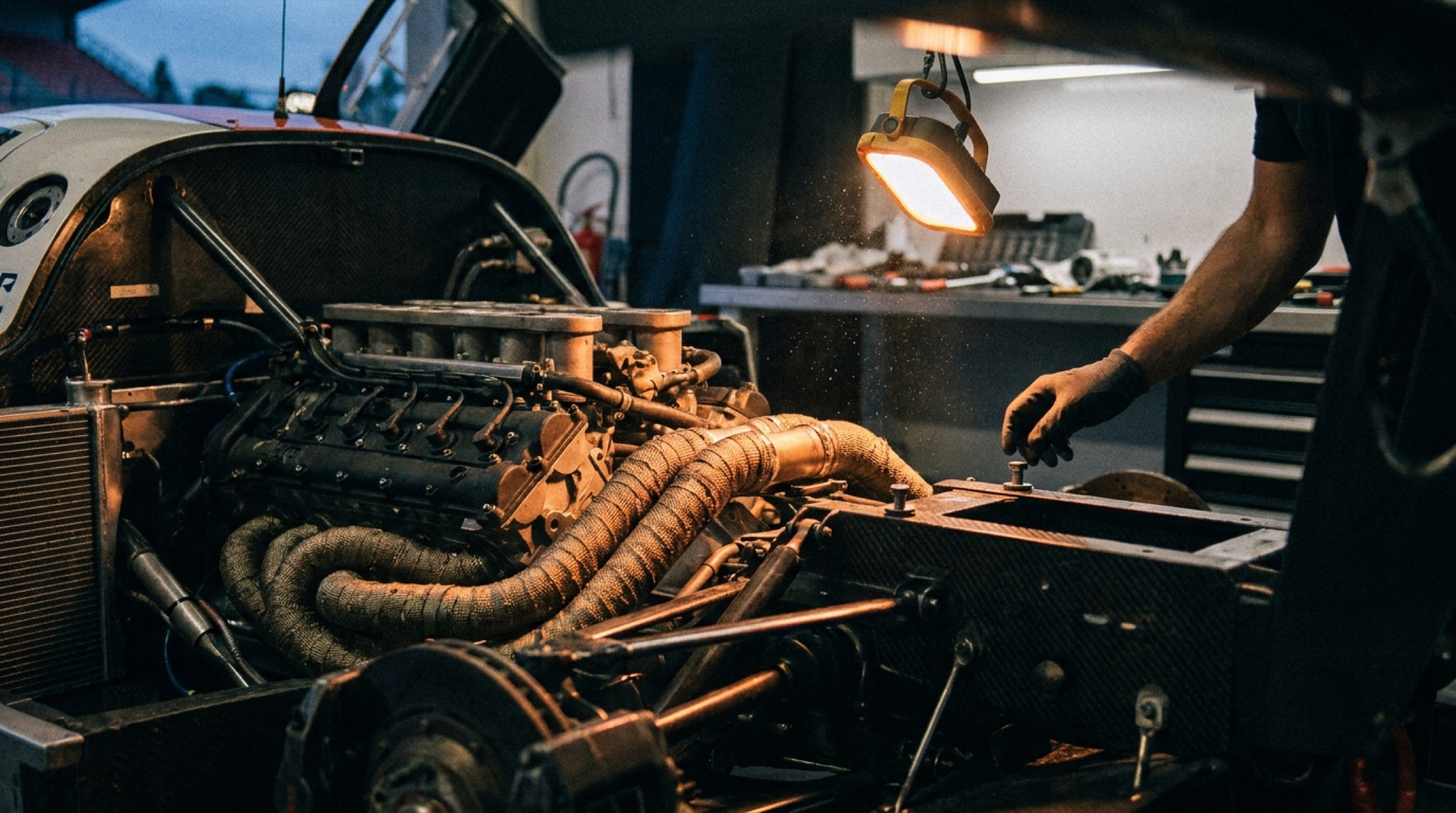 Le Mans pist boksunda, kaputu açık bir yarış hiperotomobilinin arkasındaki çıplak V12 motorun yakın görünümü; egzoz boruları ve karbon gövde detayları seçiliyor.
