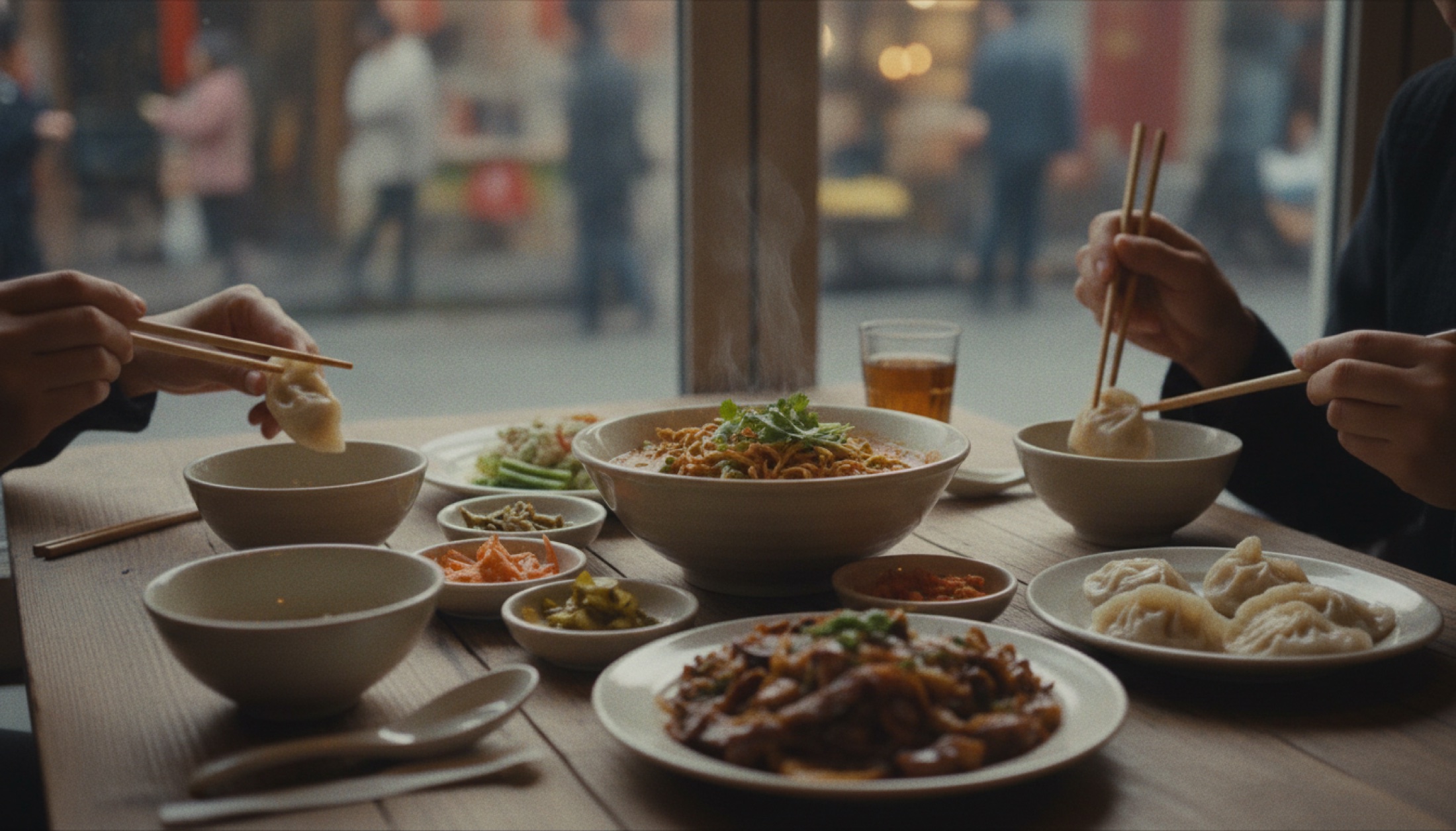 Üç farklı Asya mutfağını temsil eden fine dining tabakları, koyu mermer üzerinde kuş bakışı düzenlenmiş.