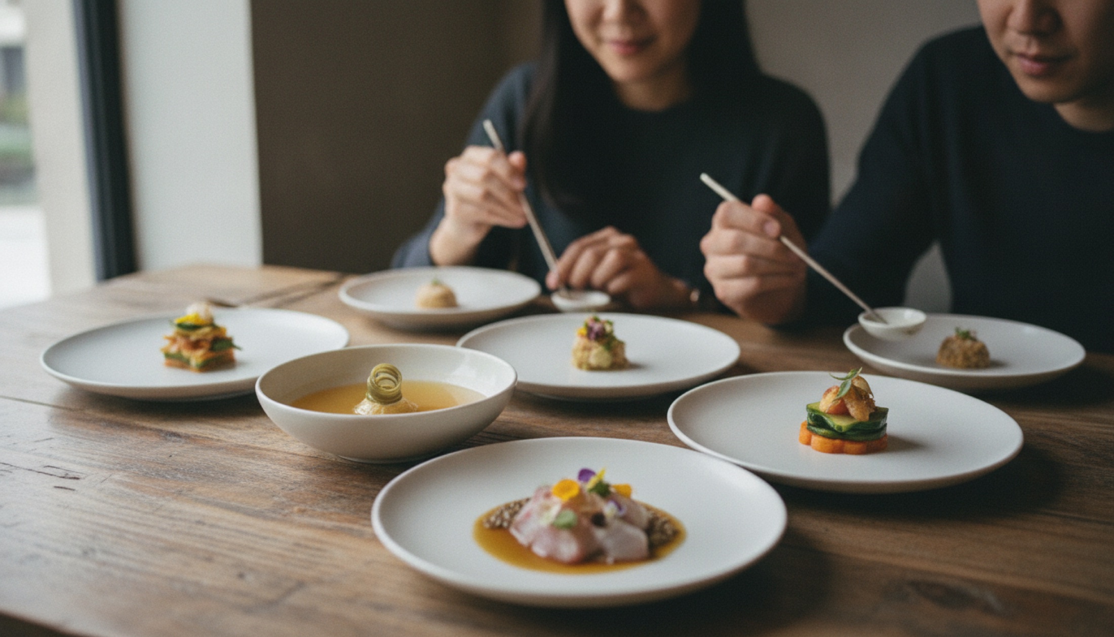 Kore fine dining tabağı, koyu seramik üzerinde fermente malzemeler ve dengeli sunumla.