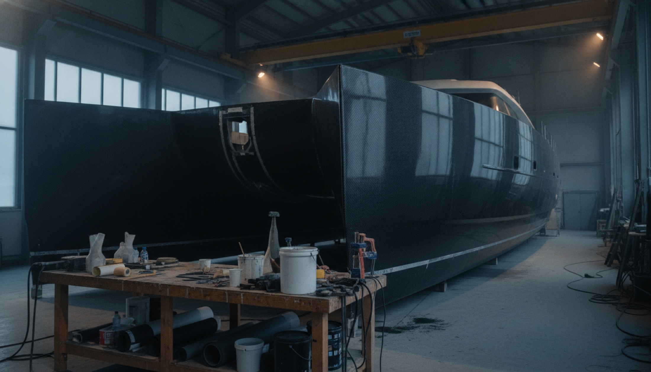 Baltic Yachts atölyesinde inşa halindeki Baltic 107 katamaranının karbon fiber gövdesi, Pietarsaari, Finlandiya.