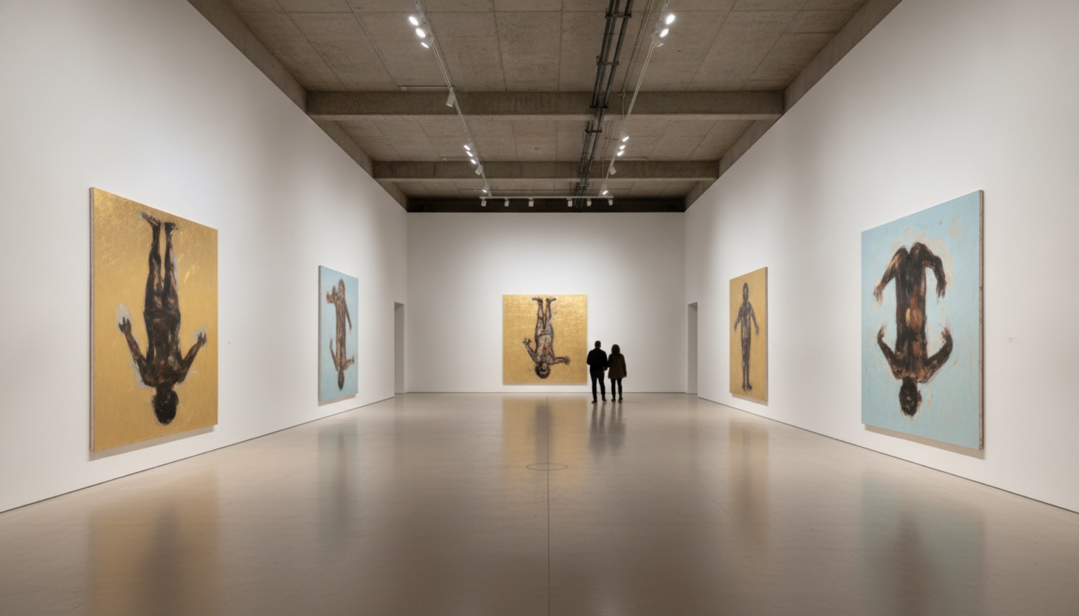 White Cube Bermondsey'nin yüksek beyaz salonunda Baselitz'in Back Again sergisinden tersine çevrilmiş figürlerin yer aldığı büyük boyutlu tuvaller.