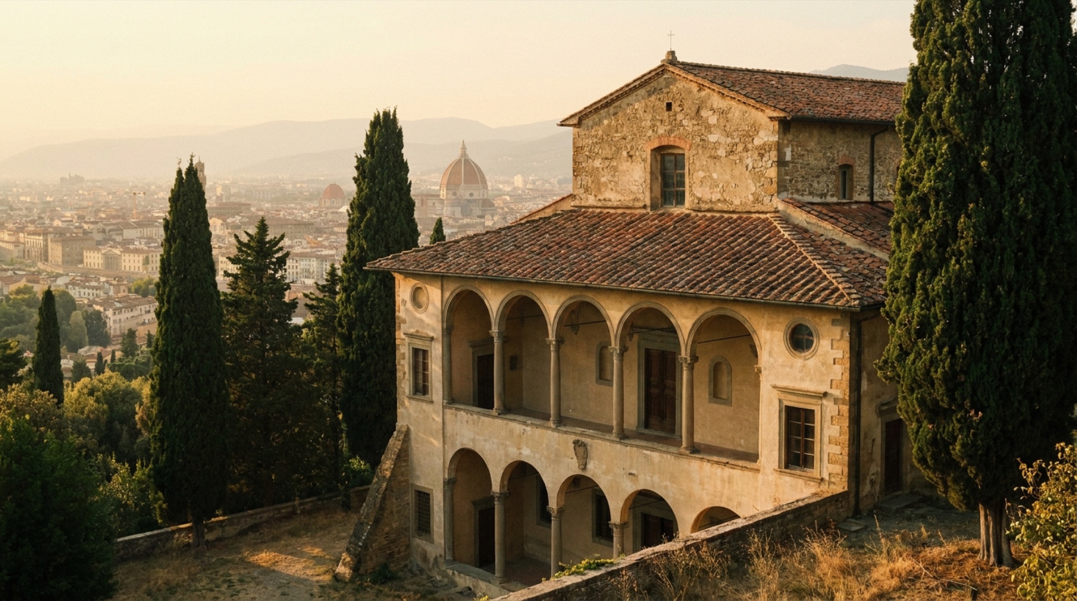 Fiesole tepesinde eski manastır cephesi, ön avlu ve sipreslerin arasında Floransa vadisi manzarası