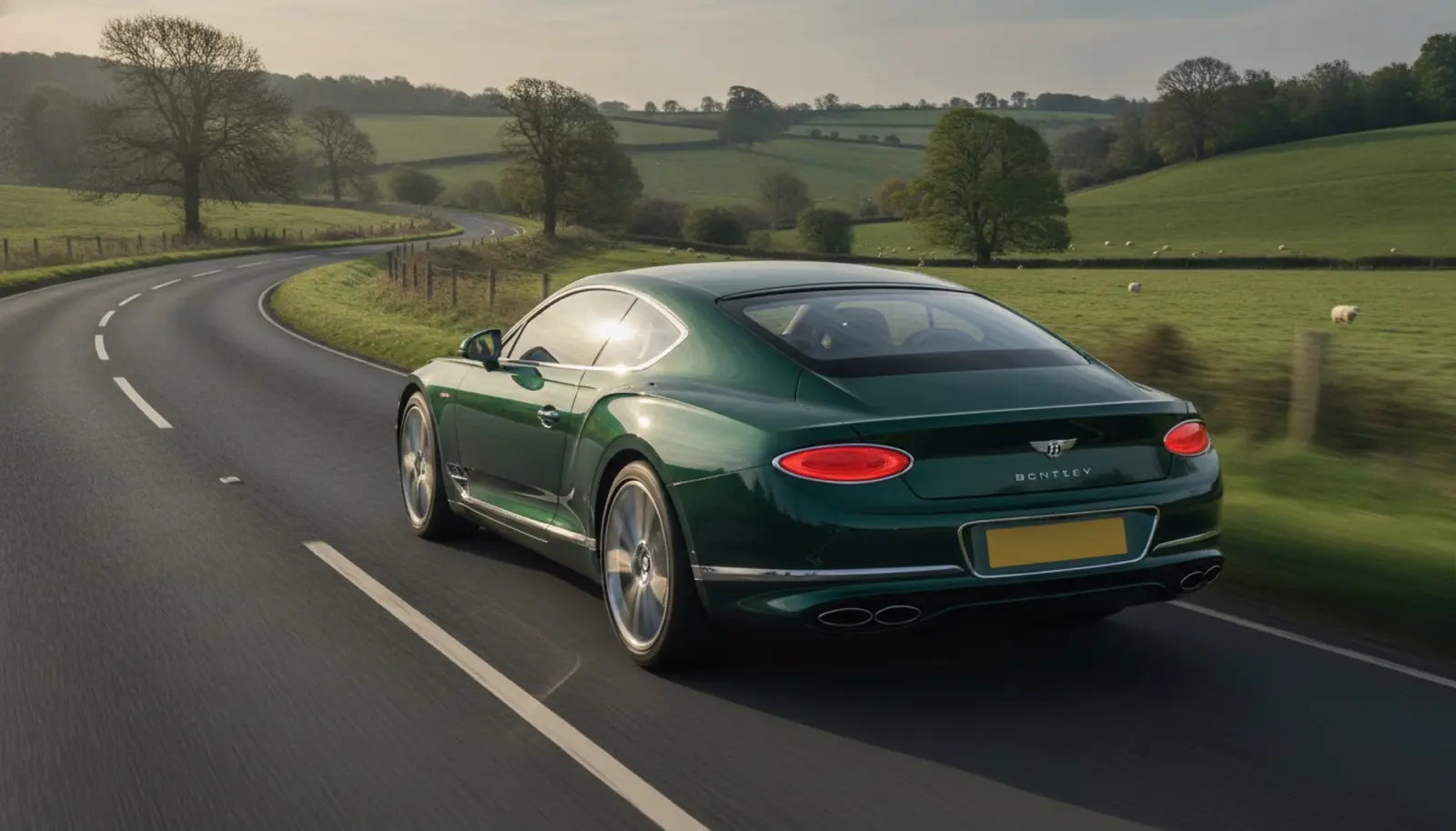 2026 Bentley Continental GT Supersports kıvrımlı bir İngiliz yolunda, arkadan açı, koyu yeşil renk