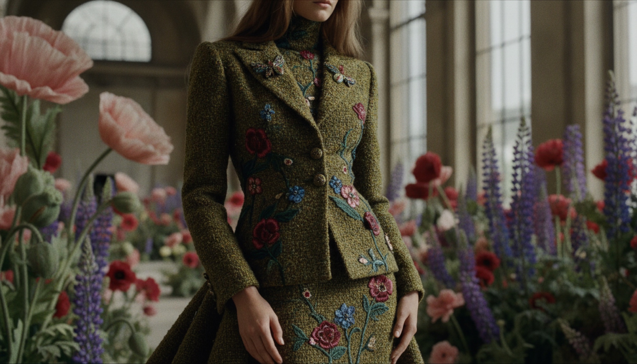 Matthieu Blazy imzalı Chanel AW26 couture koleksiyonundan yosun dokulu tweed ceket ve 3D çiçek işlemeli elbise, Grand Palais'deki dev çiçek kurgusu önünde