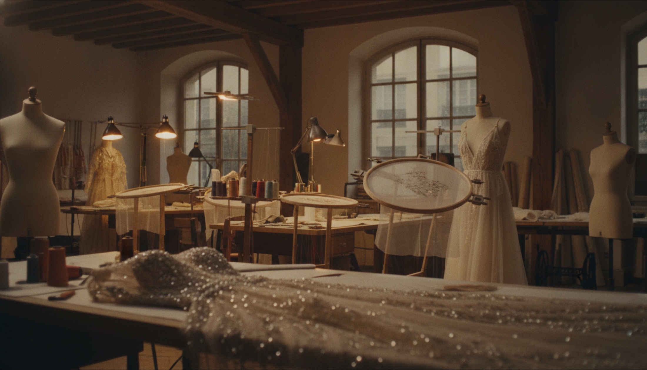 Paris haute couture atölyesinde nakış çerçeveleri ve yarı tamamlanmış bir gece elbisesi; Chanel'in Maisons d'art mirasının sessiz sahne arkası.