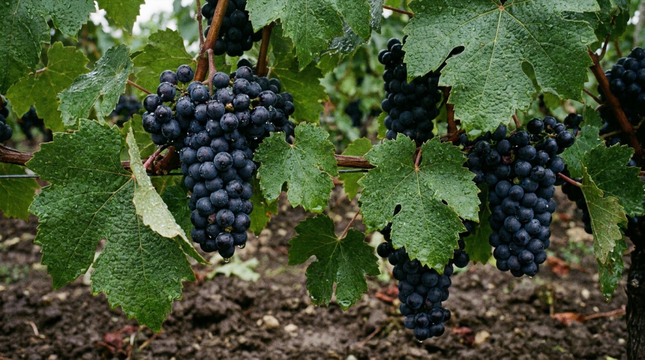 Bordeaux bağında yağmur sonrası ıslak yapraklar ve toprağa düşmüş üzümler