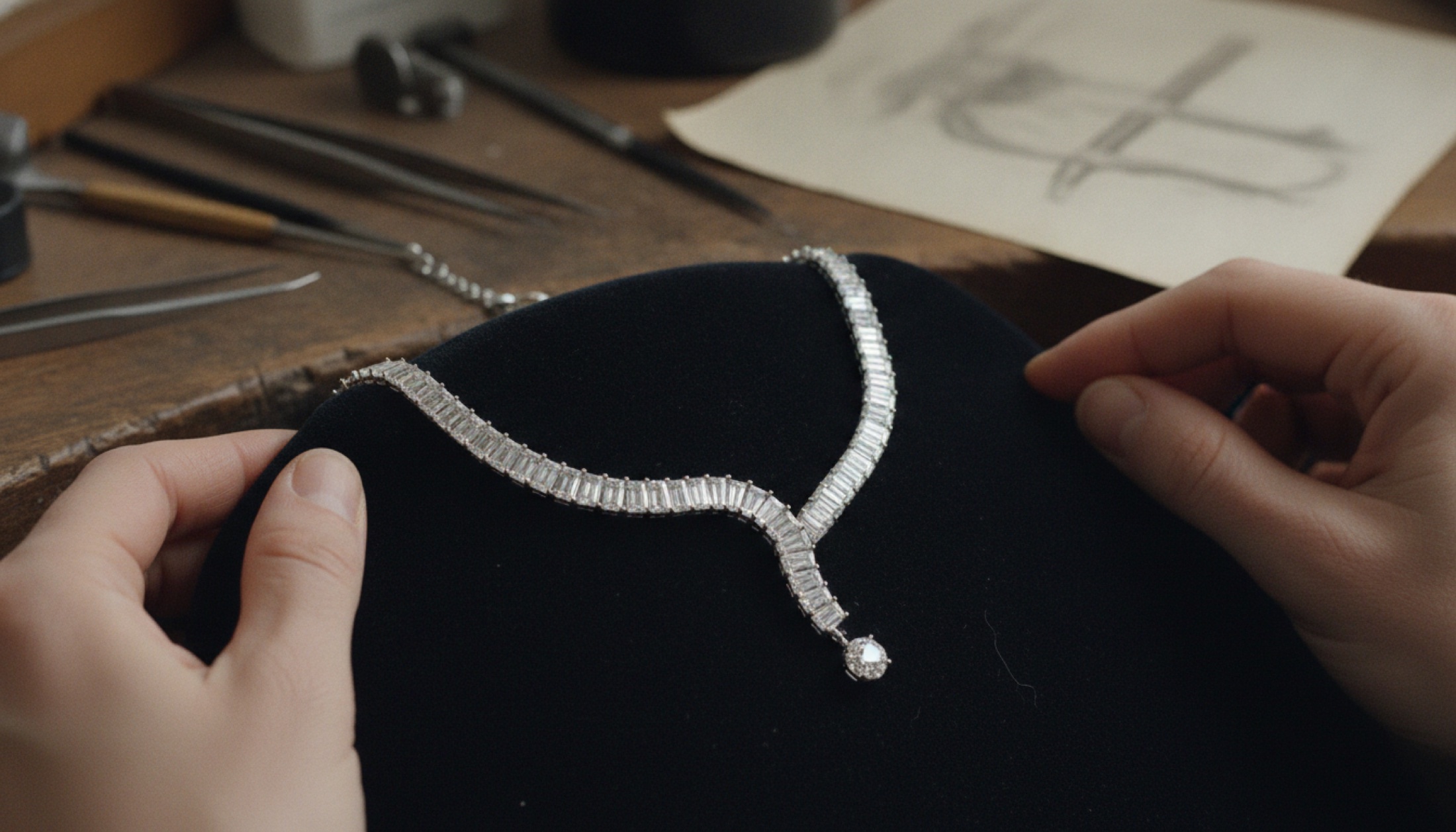 Boucheron 2026 Histoire de Style koleksiyonundan soru işareti formlu elmas gerdanlık, Paris atölyesinde kadife üzerinde, doğal ışıkta