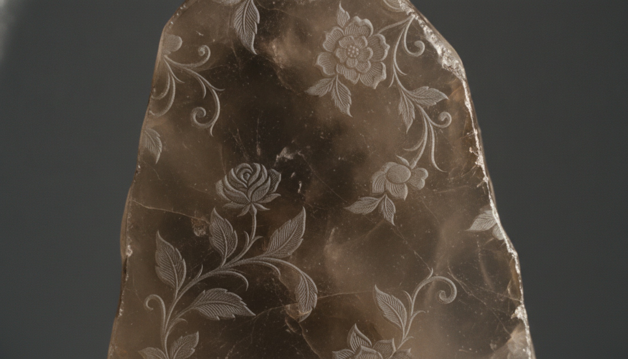 Smoky quartz yüzeyine kazınmış çiçek motiflerinin makro fotoğrafı