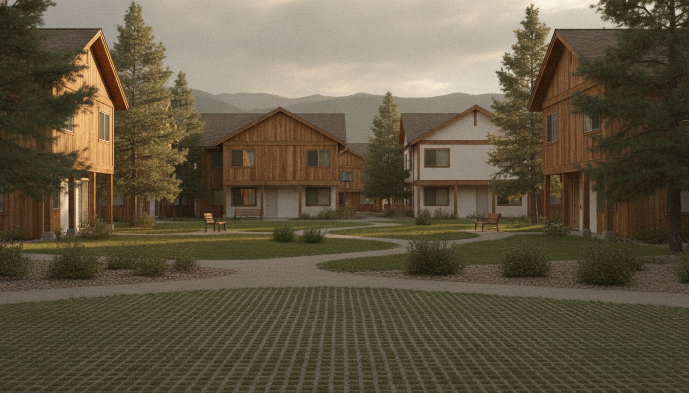 Bozeman Cohousing topluluğu — Studio Co+Hab'ın tasarladığı 43 konutluk net-sıfır enerji projesi, Montana