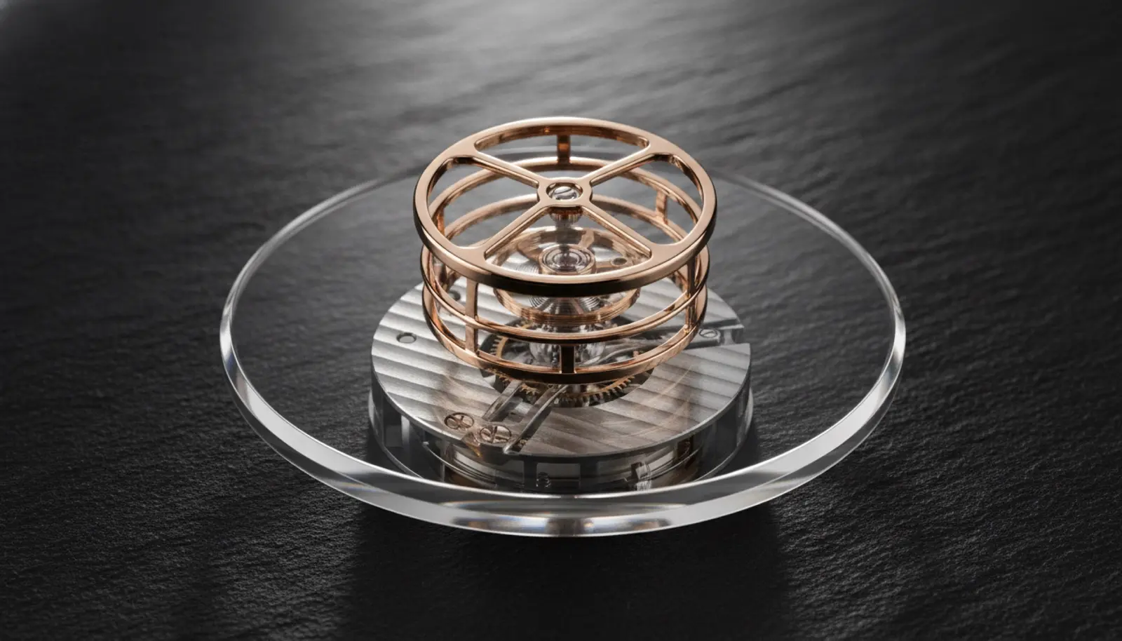 Breguet Expérimentale 1 kalibr 7250 tourbillon kafesi, safir kadran üzerinden görünüyor