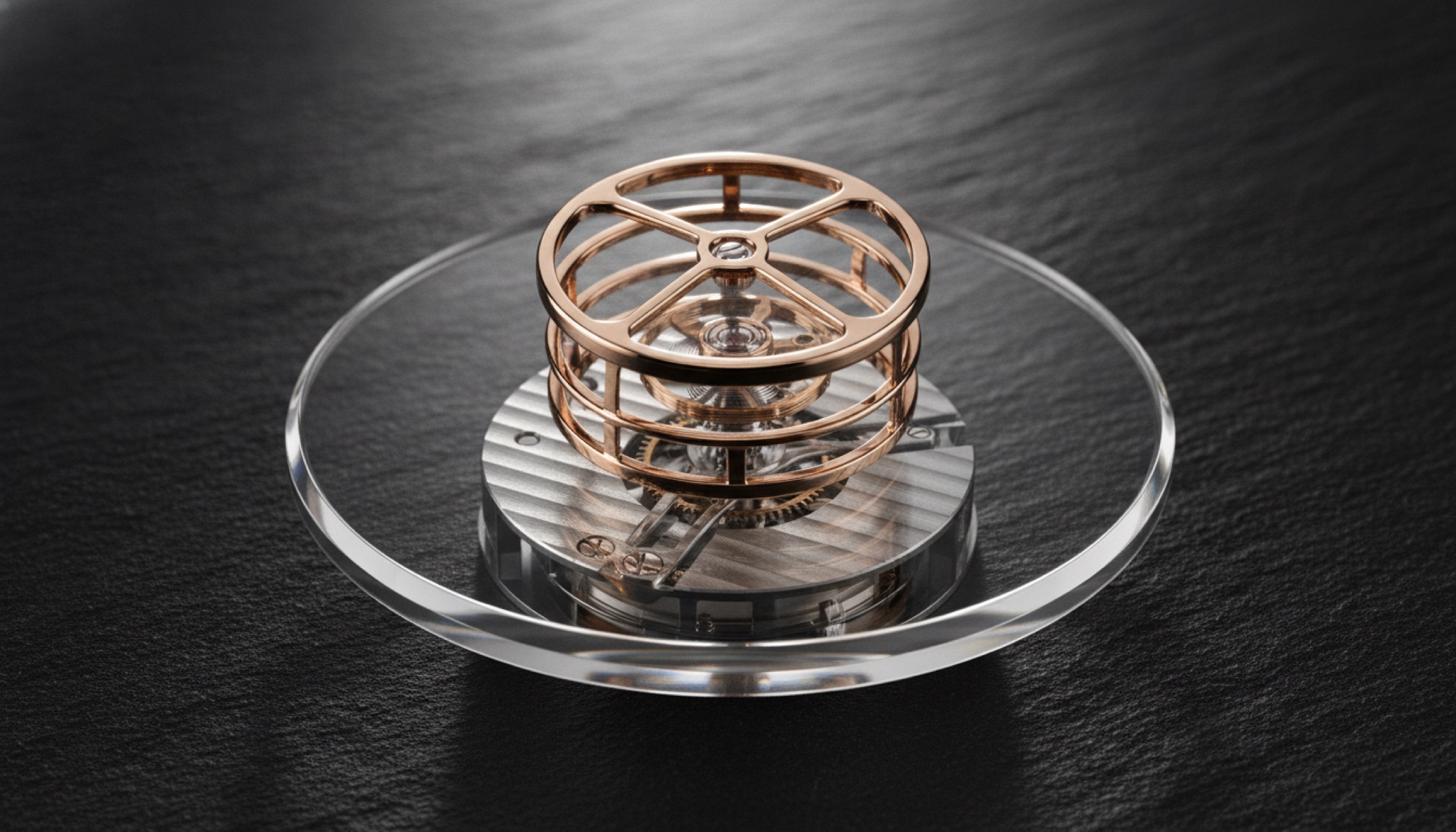 Breguet Expérimentale 1 kalibr 7250 tourbillon kafesi, safir kadran üzerinden görünüyor