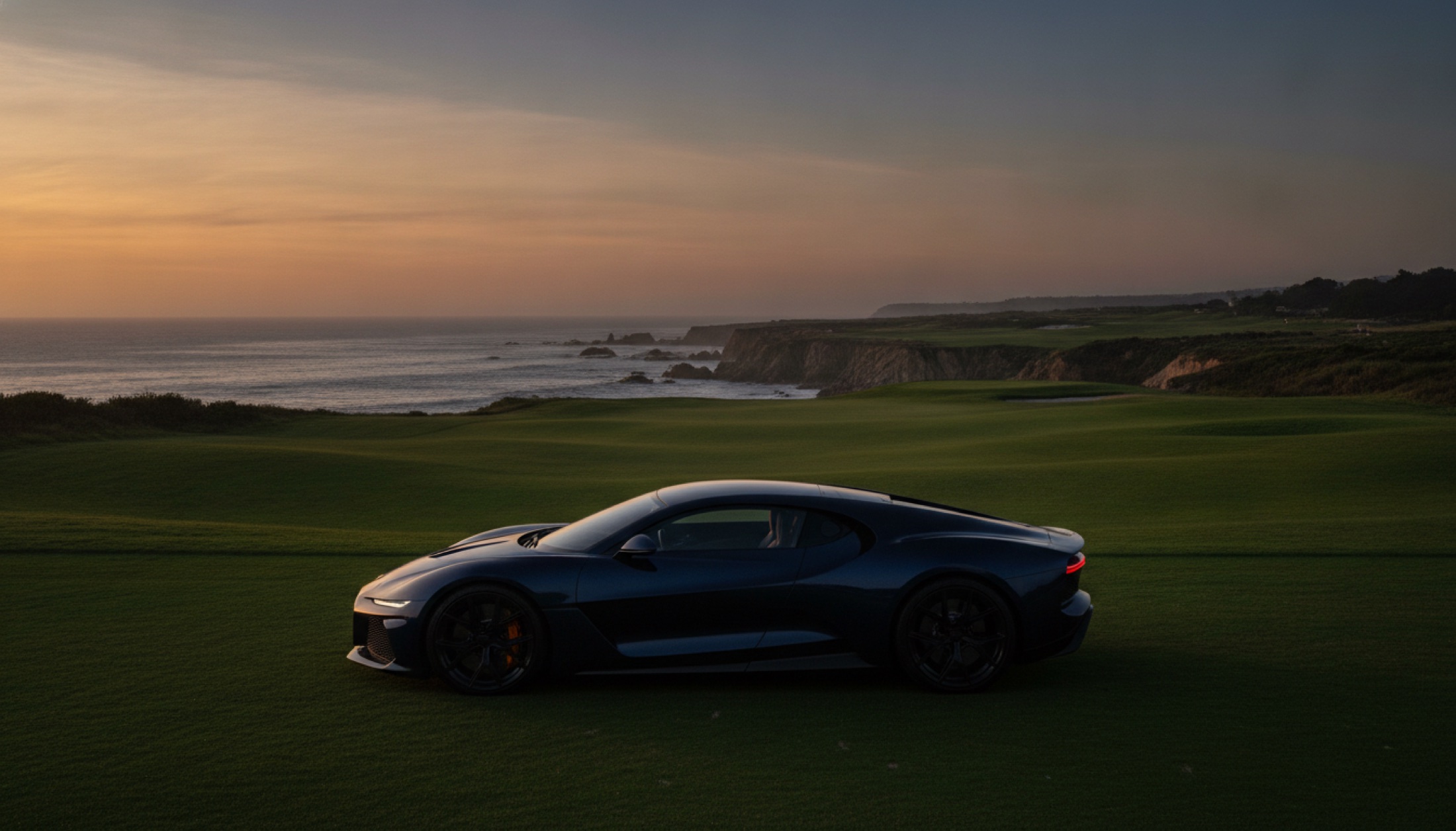 Pebble Beach çimenliğinde tek bir lüks hiperkar silueti, gün batımı ışığında.