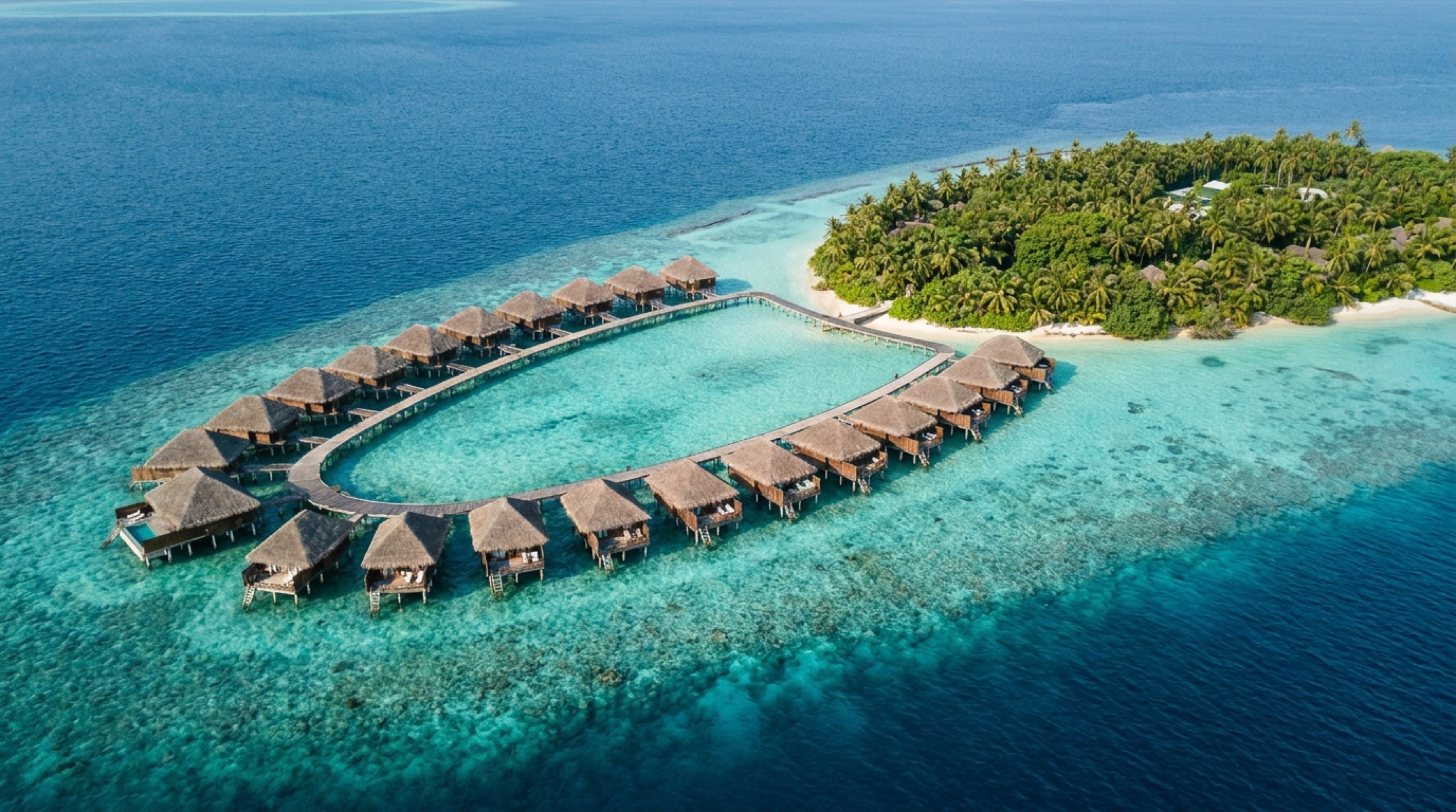 Maldivler atoll görünümü, turkuaz lagün üzerinde ahşap su üstü villa ve uzakta yeşil adacık silüeti