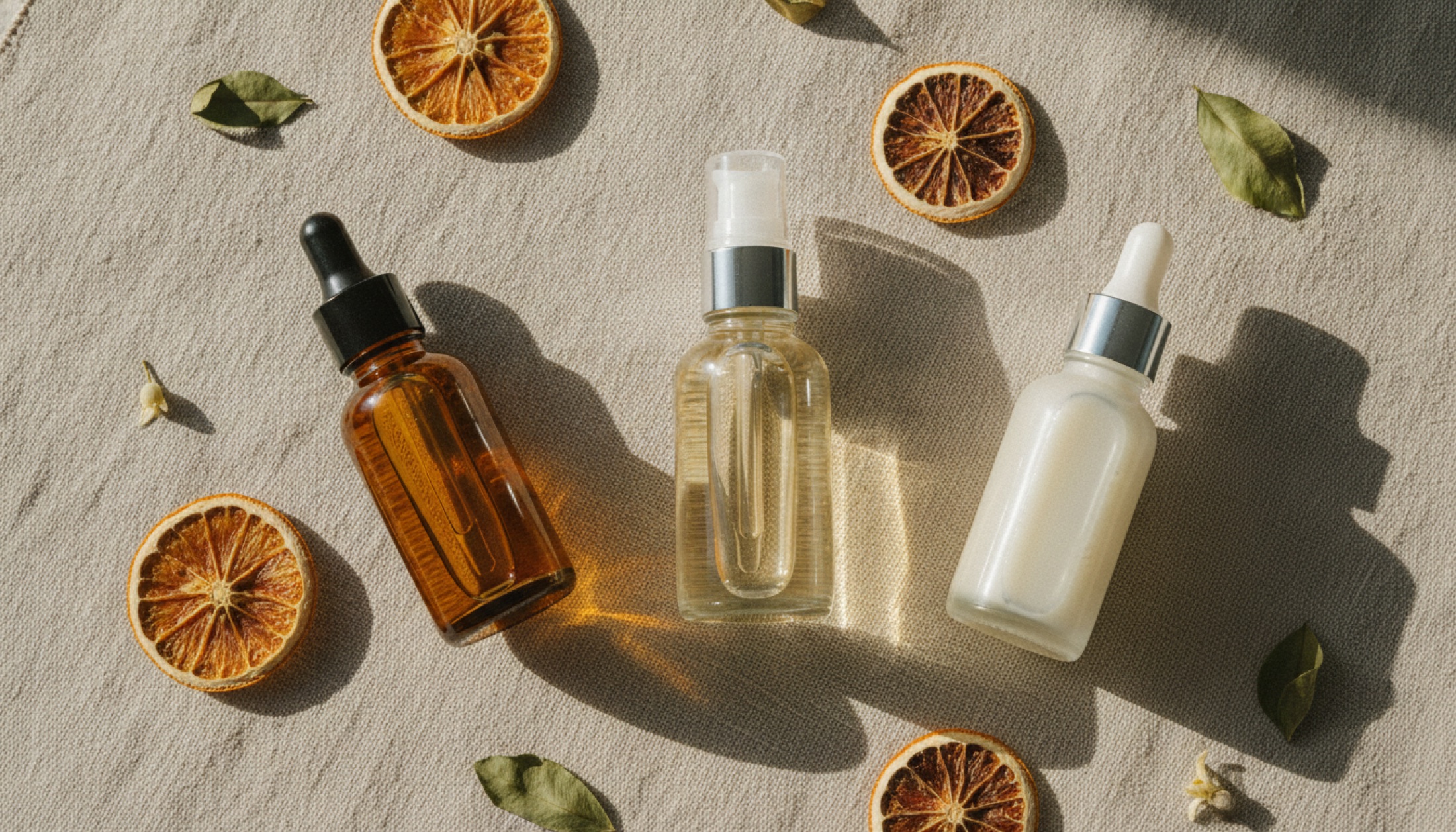 Keten yüzey üzerinde farklı renklerde cam serum şişeleri ve kuru narenciye dilimleri