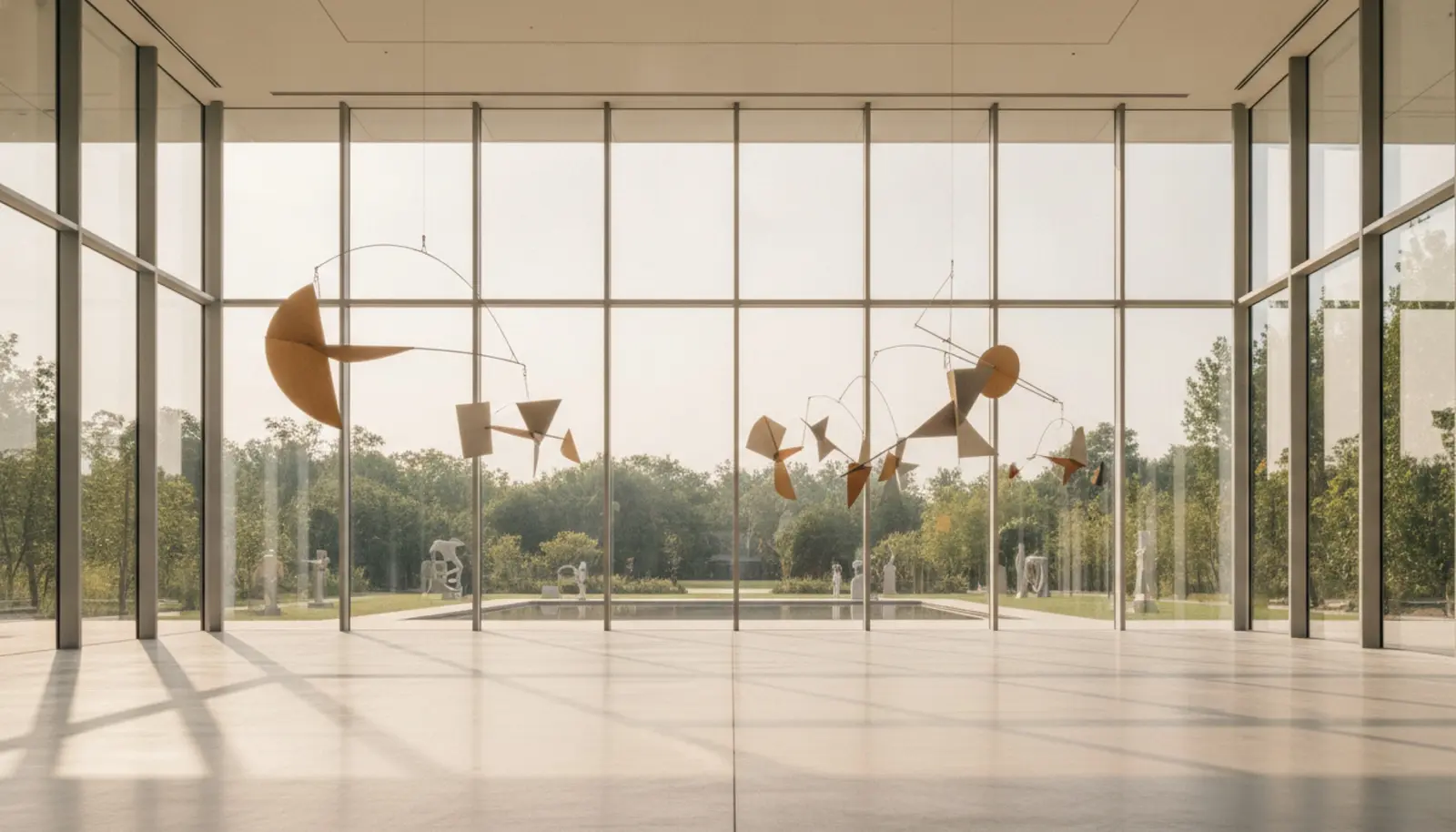 Fondation Louis Vuitton'un cam salonunda Calder mobillerinin gölgeleri yere düşüyor