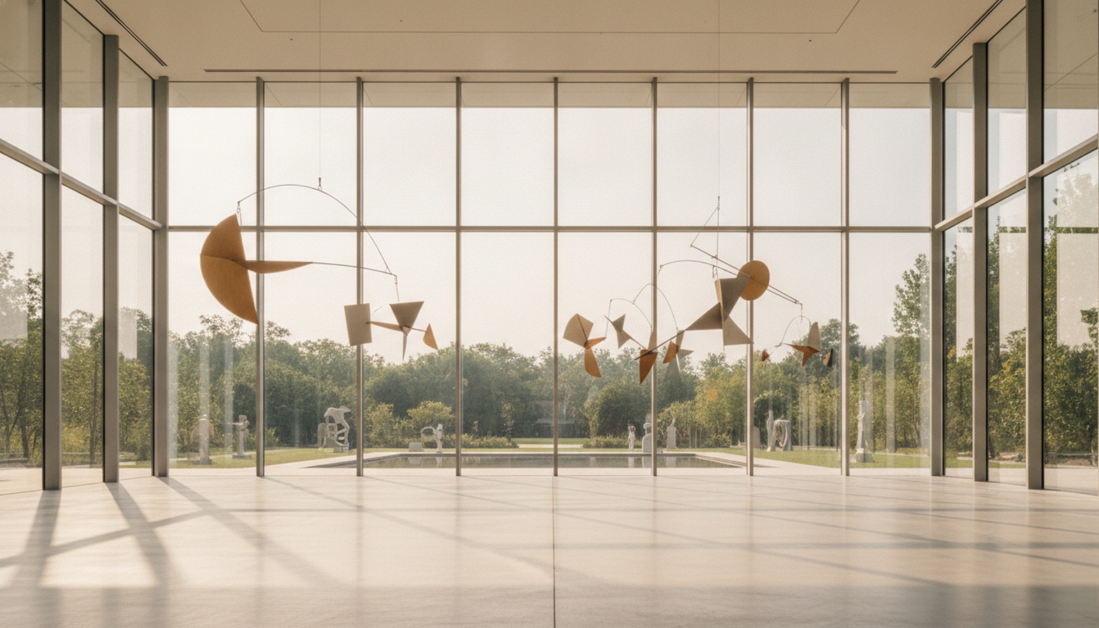 Fondation Louis Vuitton'un cam salonunda Calder mobillerinin gölgeleri yere düşüyor