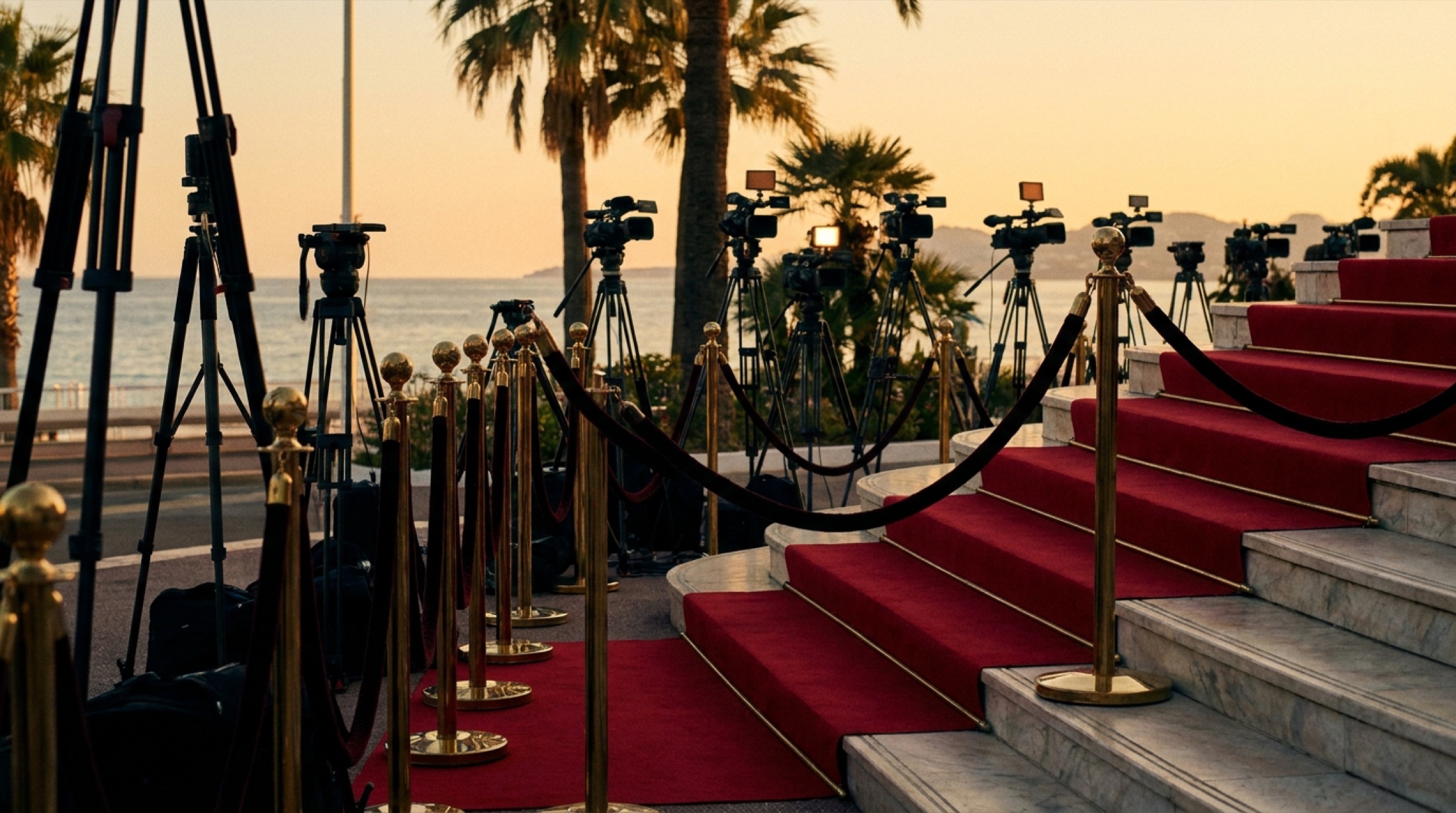 Akşamüstü Cannes Croisette'inde festival sarayının kırmızı halı basamakları, fotoğraf makinesi ışıkları ve arkada Akdeniz; insan figürü olmayan, reklam ve yazı içermeyen atmosferik bir kare