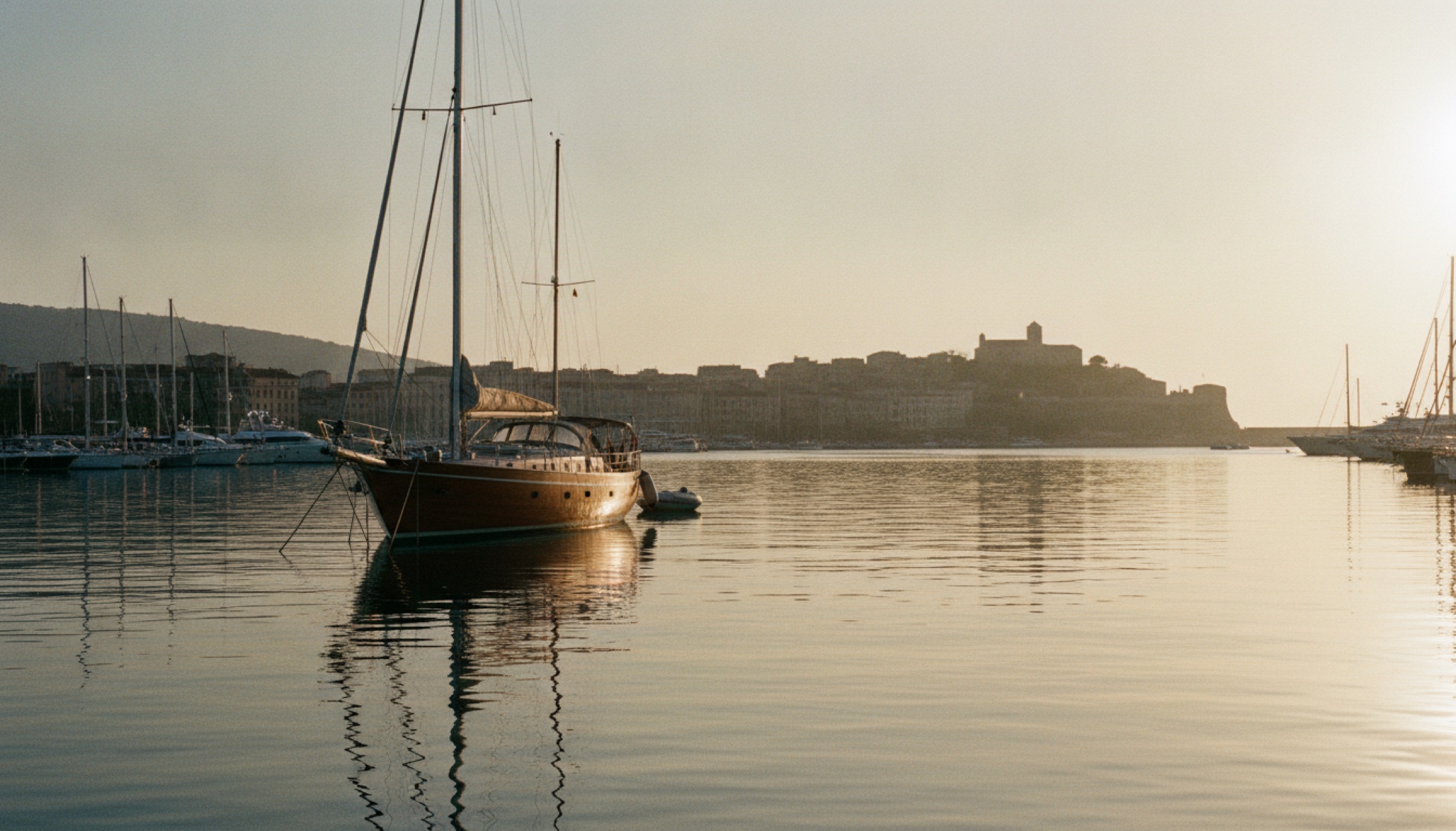 Cannes Vieux Port'ta sabah ışığında demirli bir yelkenli