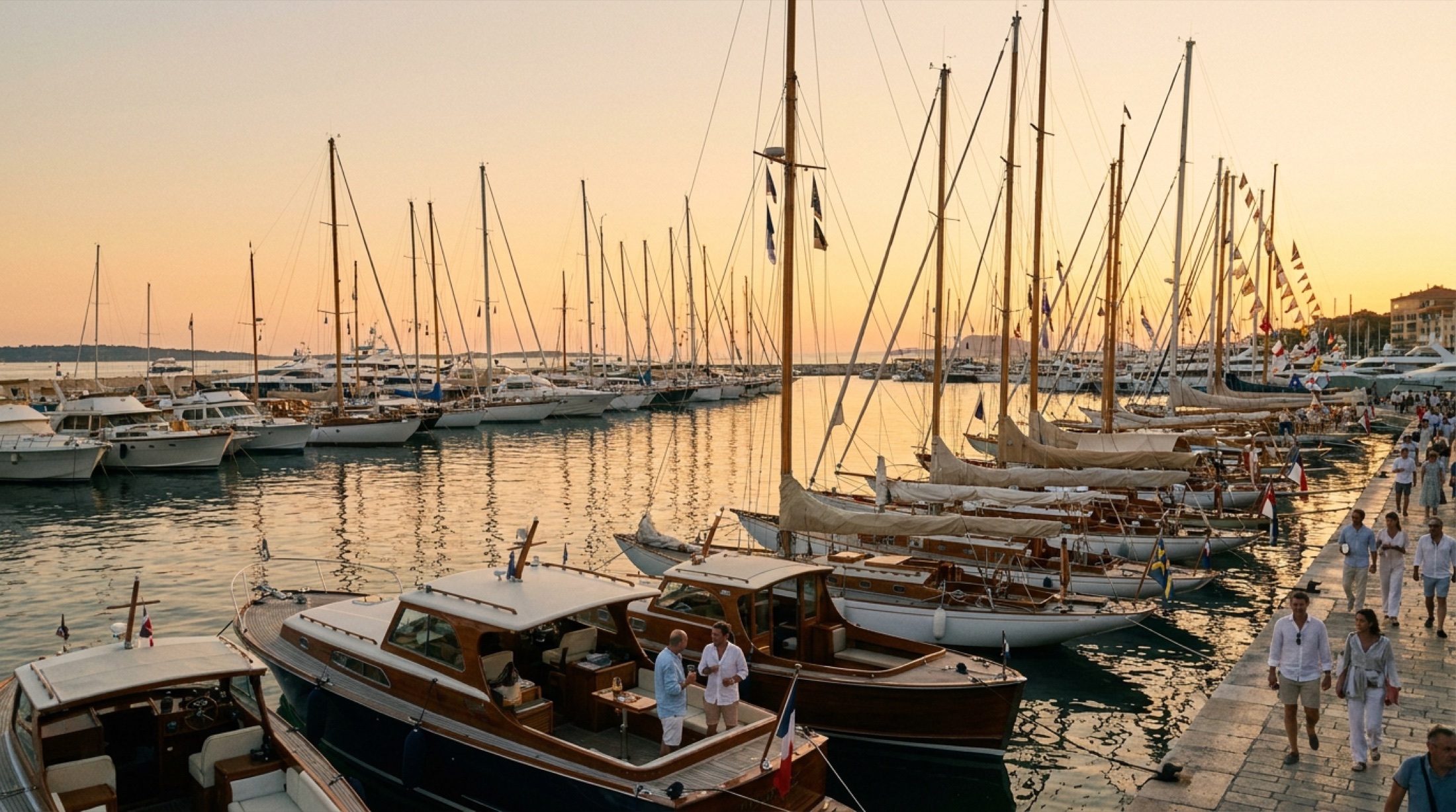 Cannes limanında altın saatte tekne fuarı görünümü, yelkenli direkler ufku dolduruyor