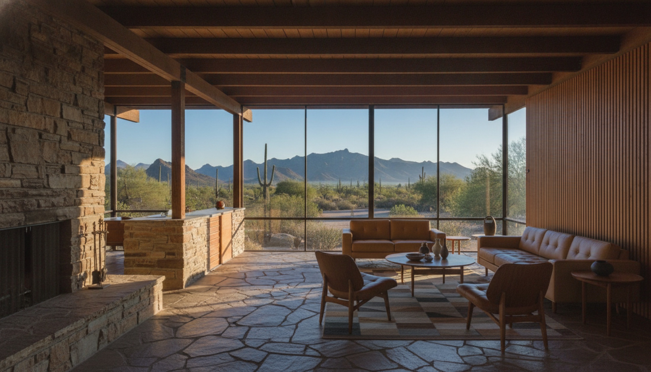 Casa Luce'nin Tucson'daki mid-century modern iç mekânında orijinal taş zemin ve doğal ahşap detayları