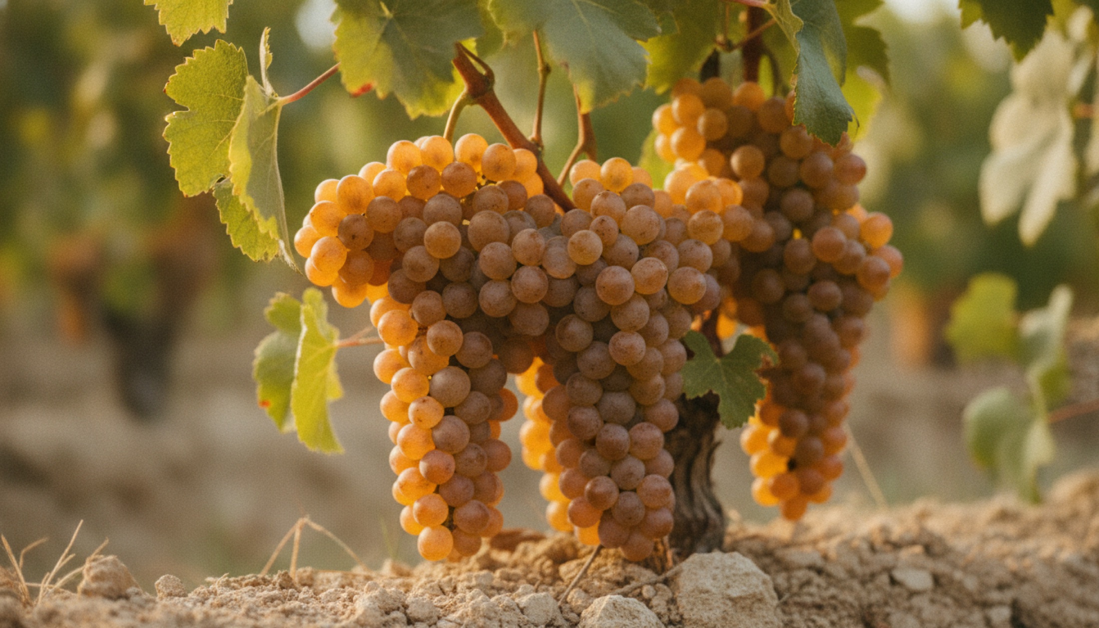 Champagne bağında olgunlaşmaya başlayan üzüm salkımları, ısı stresinden kıvrılmış yapraklarla birlikte