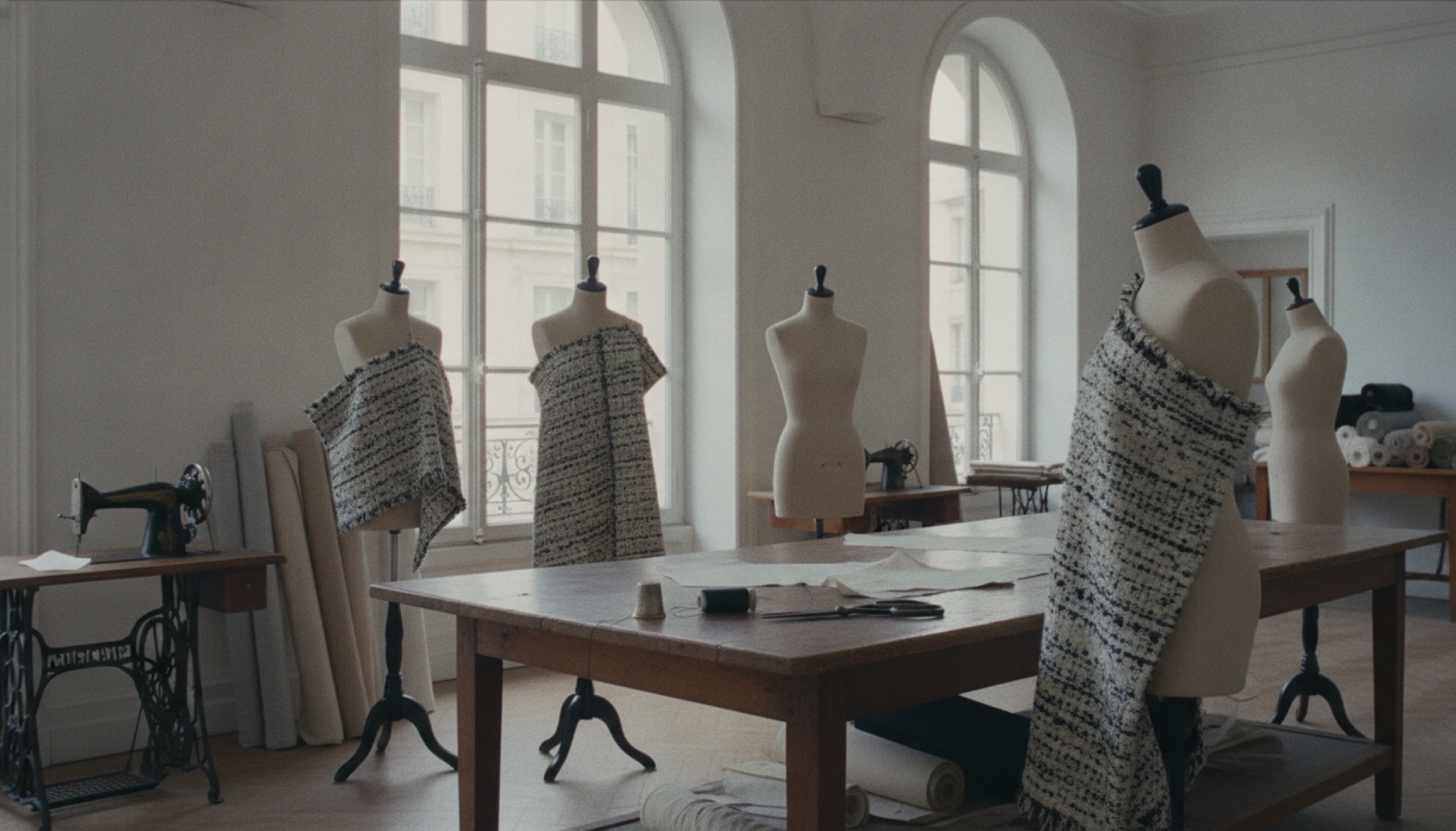 Boş mankenler üzerinde açık krem ve siyah tweed kumaşlarla dolu bir couture atölyesi iç mekânı