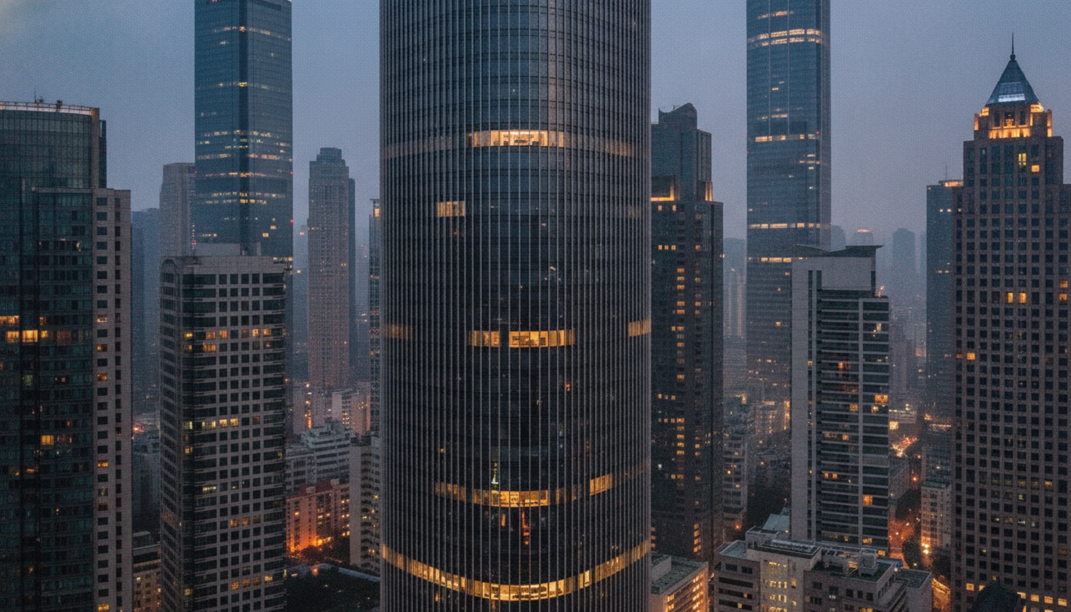 Zaha Hadid Architects tasarımı çelik-cam gökdelenin alacakaranlıkta Hong Kong merkezi iş bölgesindeki görünümü