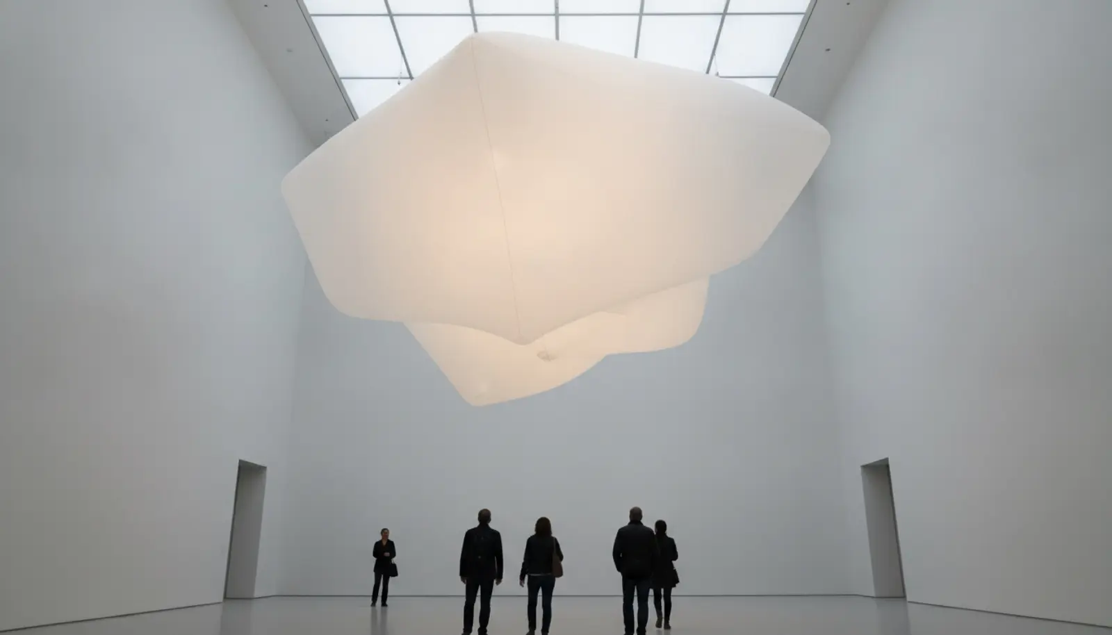 Gagosian Londra'nın Grosvenor Hill galerisinde, tavanı dolduran aydınlatılmış dev kurulumun altında duran bir ziyaretçi silueti.