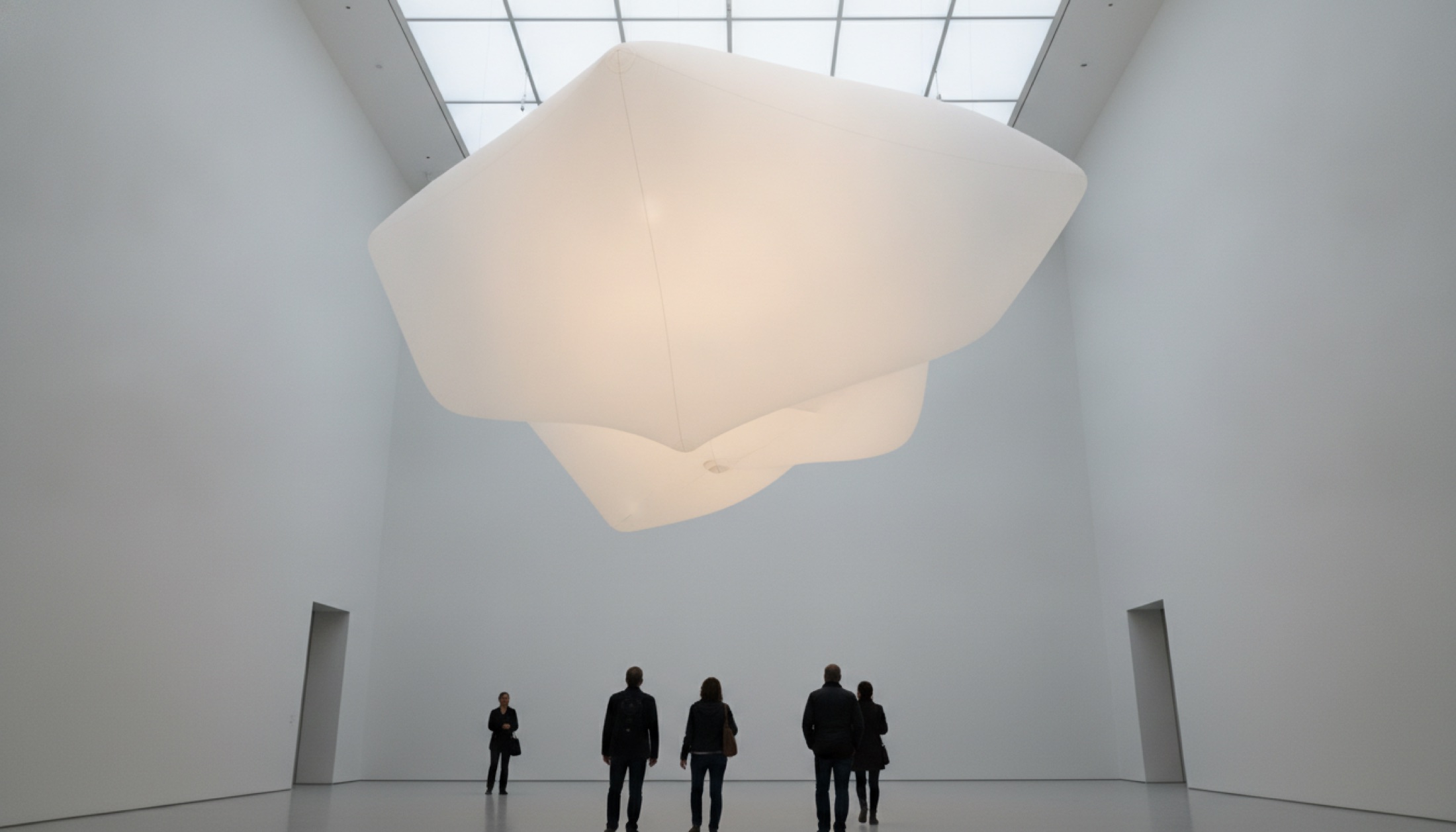 Gagosian Londra'nın Grosvenor Hill galerisinde, tavanı dolduran aydınlatılmış dev kurulumun altında duran bir ziyaretçi silueti.