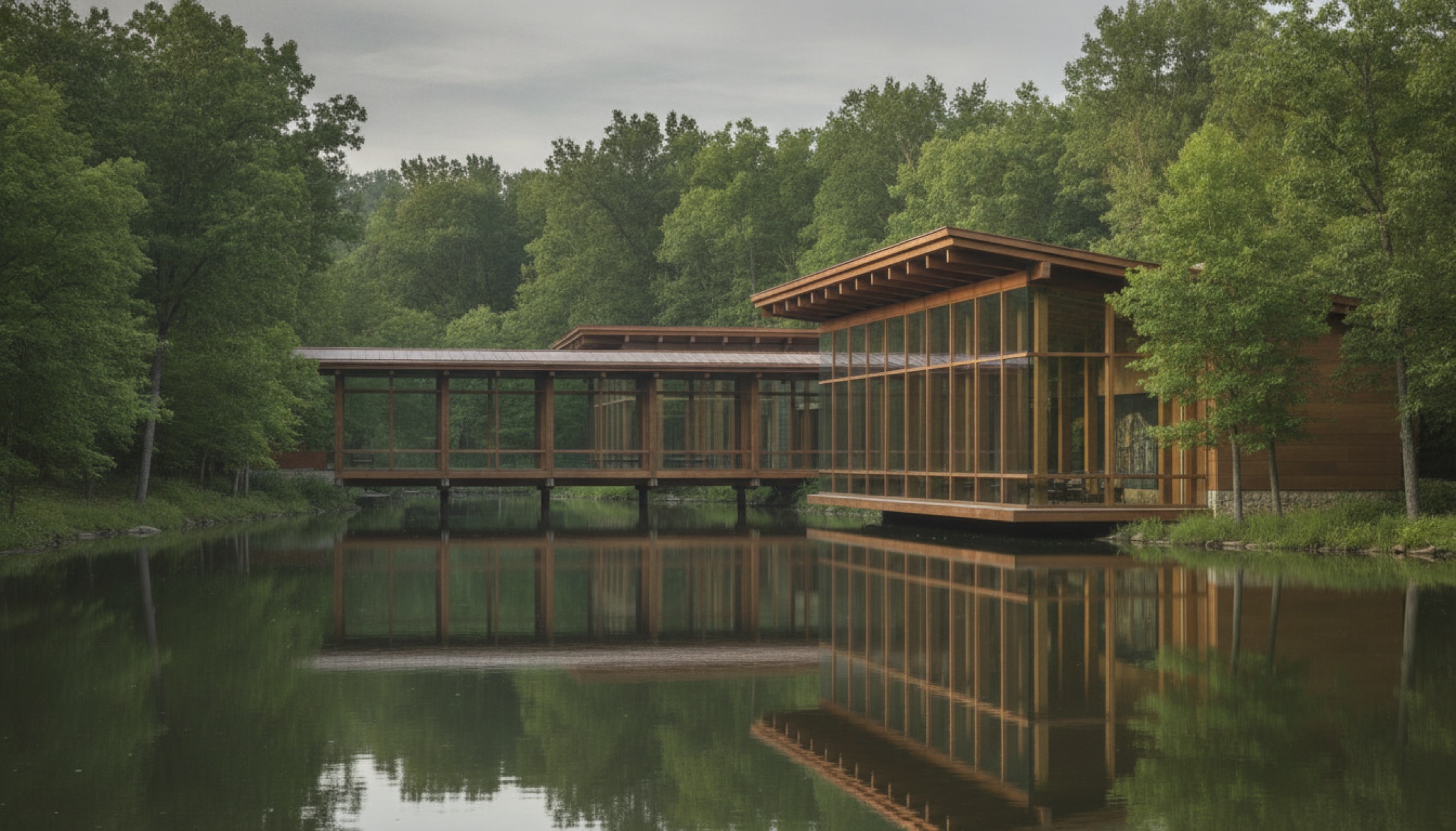Crystal Bridges Müzesi genişlemesinin Ozark ormanına gömülü cam pavyonları iki gölet üzerinden geçen köprülerle birleşiyor