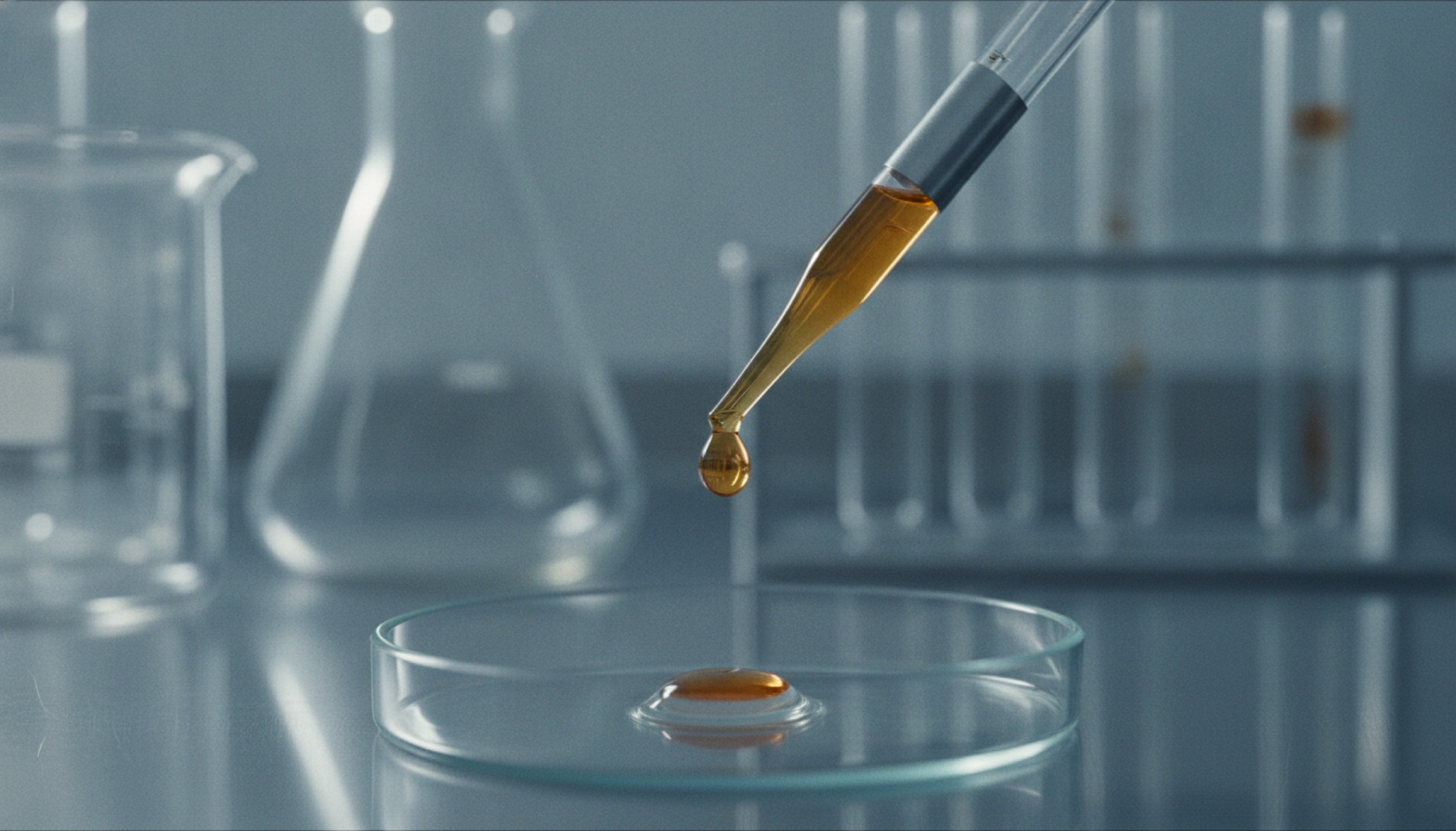 Laboratuvar pipeti ve amber renkli damla, cam petri kabı