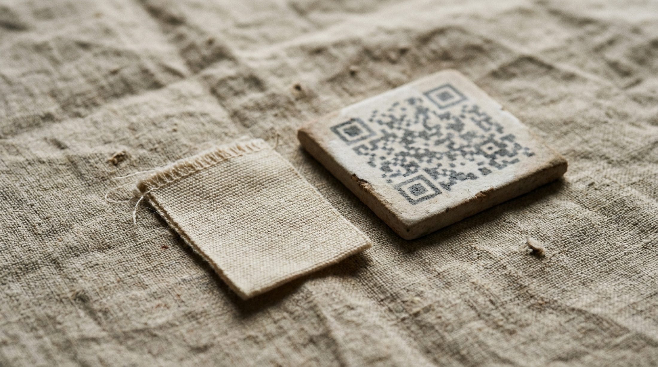 Bir tekstil etiketi yanına yerleştirilmiş QR kodu, kumaş dokusu arka planında