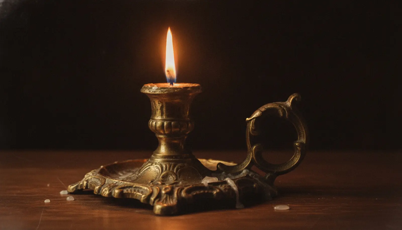 Karanlık ahşap bir yüzeyde pirinç şamdanın alev ışığı — Rembrandt tekniğini anımsatan chiaroscuro aydınlatma