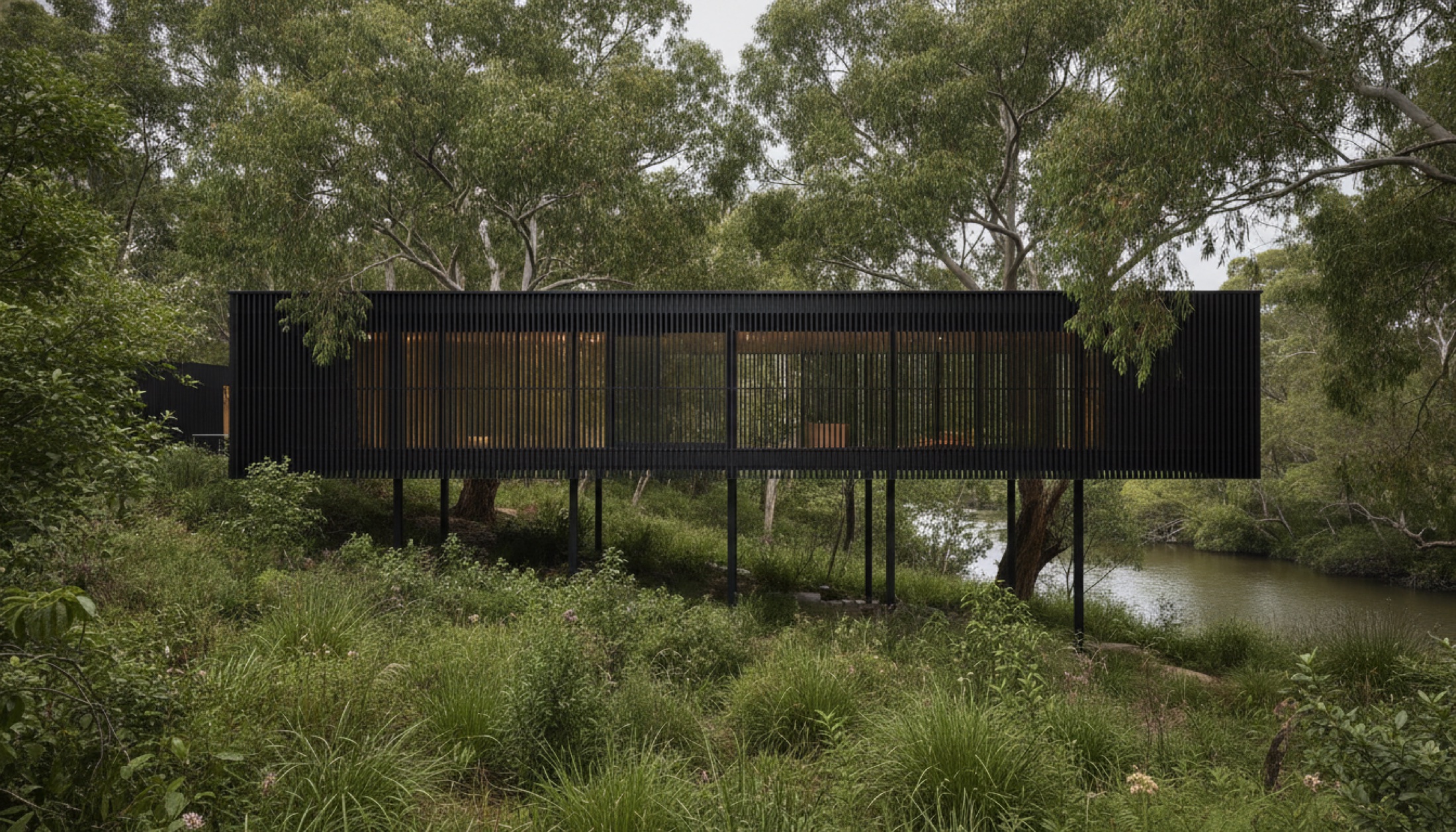 Edition Office'in Melbourne Kew'deki House in a Garden konutu — siyah ahşap kafes cephe, Yarra nehri kıyısında ağaç tepeleriyle aynı kotta yükselen iki kanatlı yapı.