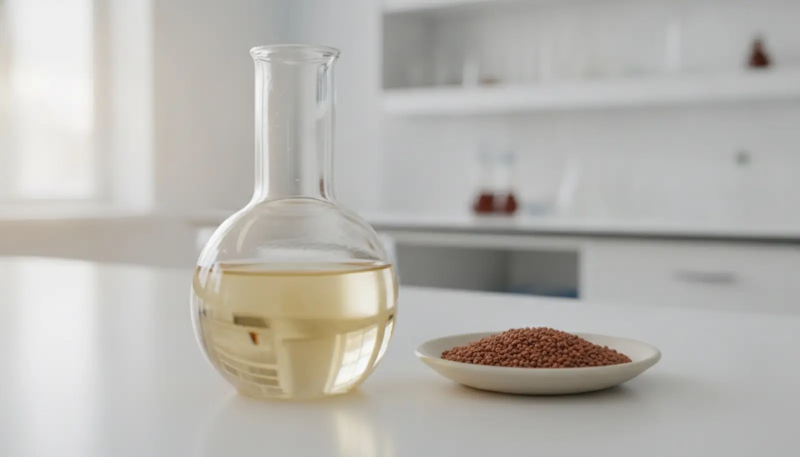 Laboratuvar masasında büyüme faktörü içeren cam şişe ve Camelina sativa tohumları