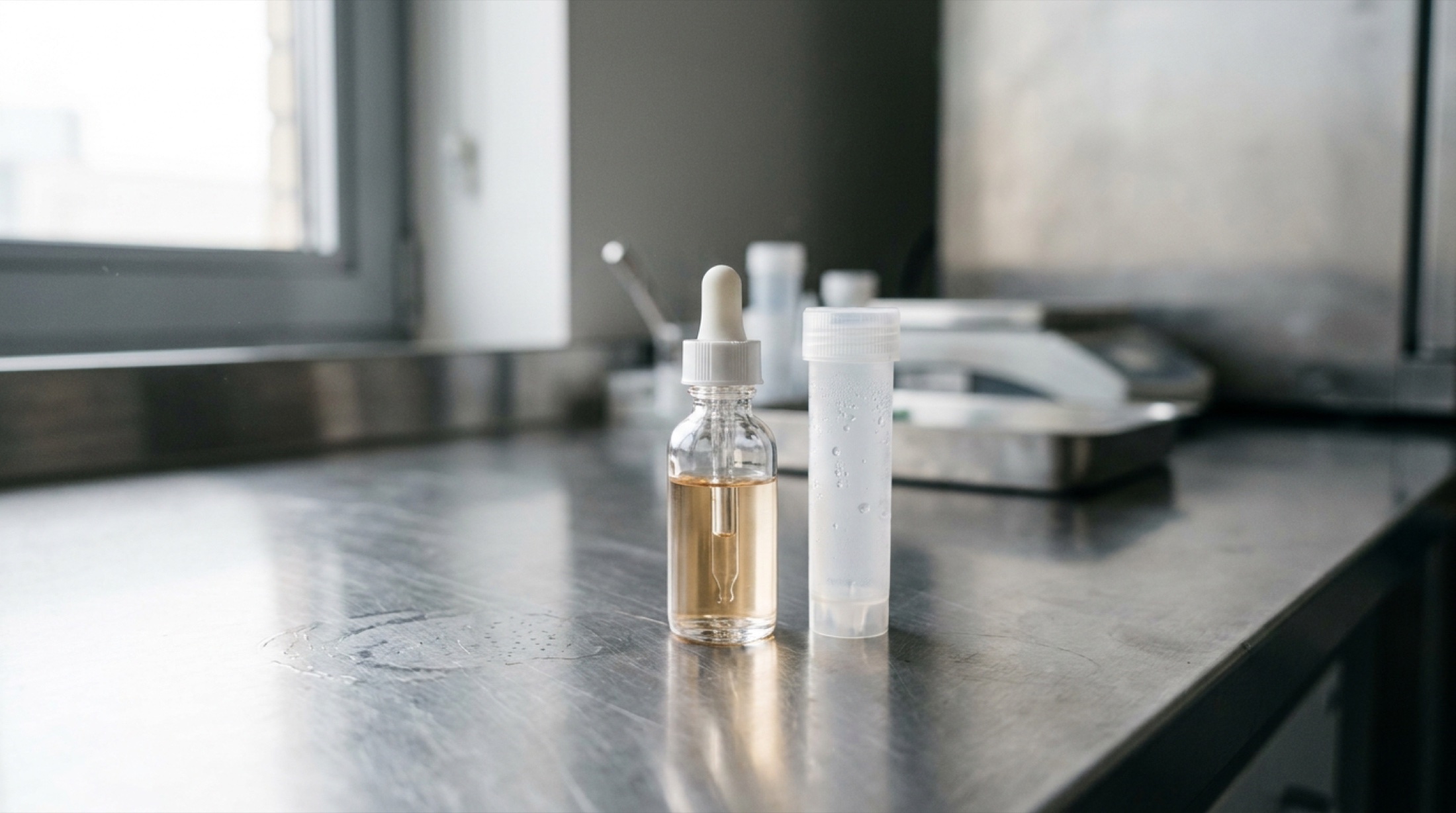 Laboratuvar tezgâhında, soğuk ışık altında duran cam serum şişesi ve buzlu bir numune tüpü