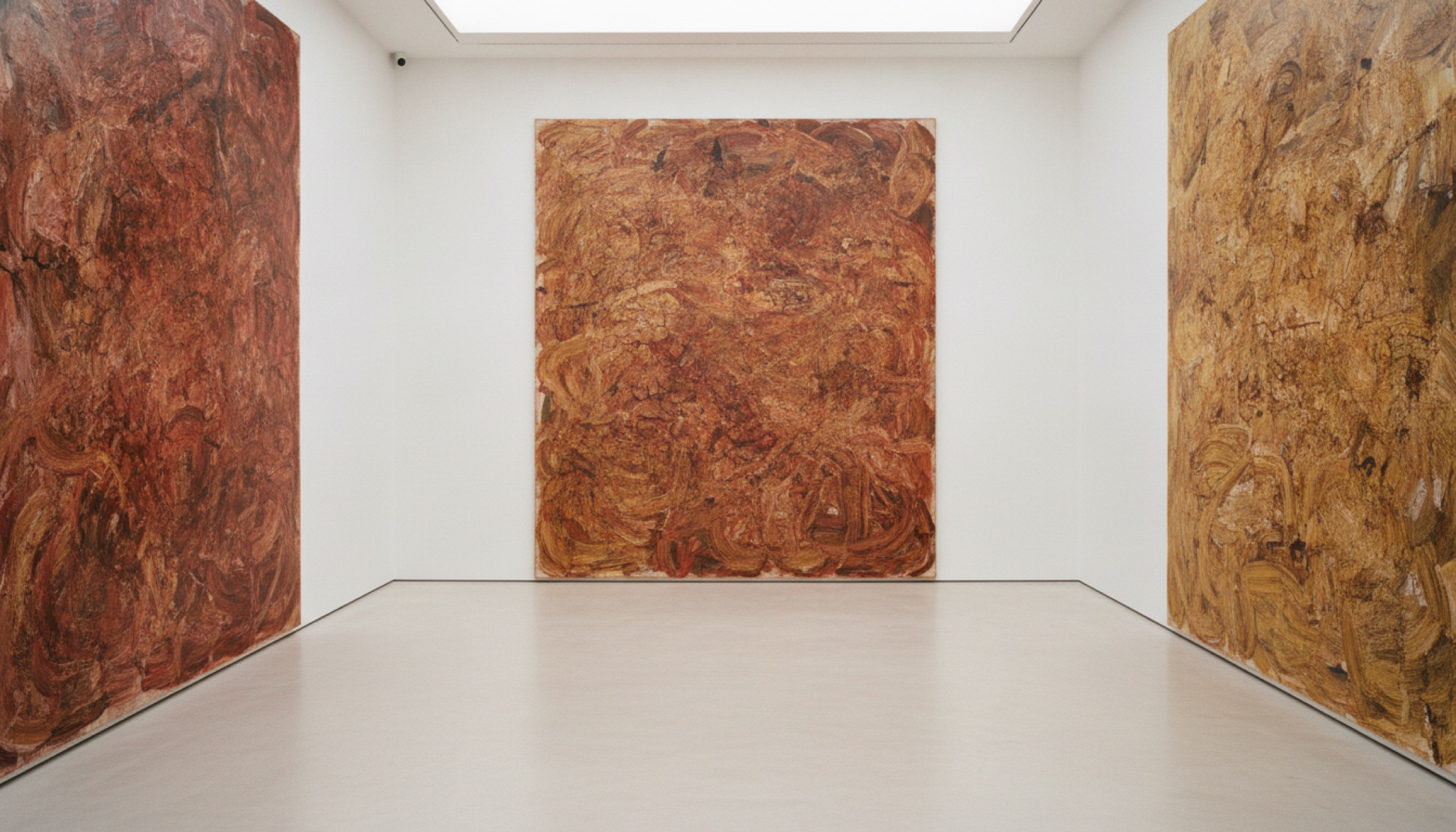 Pace Gallery'nin West 25th Street mekânında Emily Kam Kngwarray'a ait geniş formatlı tuval çalışmaları